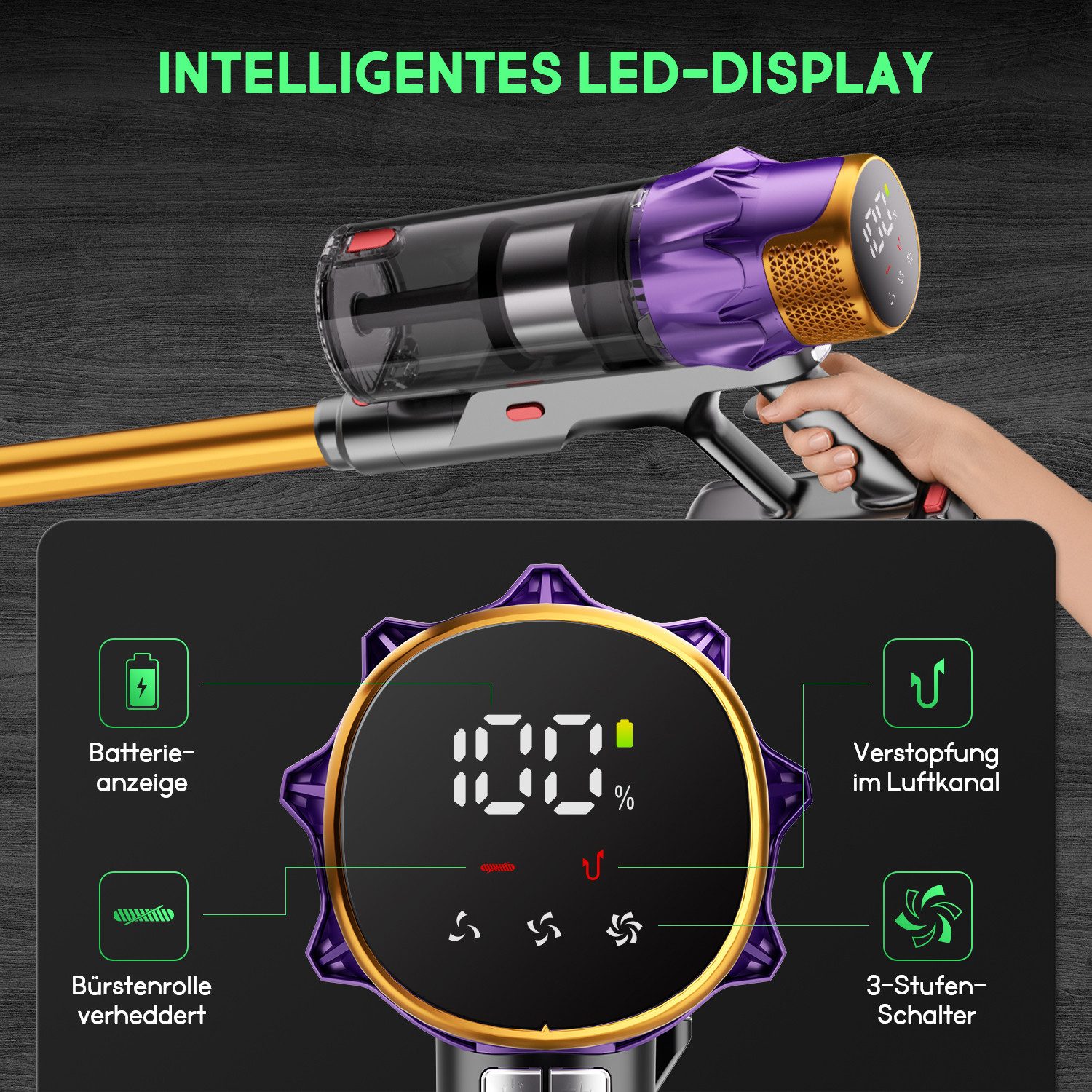 Hiazurm Akku-Hand-und Stielstaubsauger Akku Staubsauger,80000pa Akkusauger,70Min/1,8L, Kabelloser Staubsauger mit LED-Display,HEPA*4, Super Leise Stabstaubsauger für Tierhaare und Teppiche