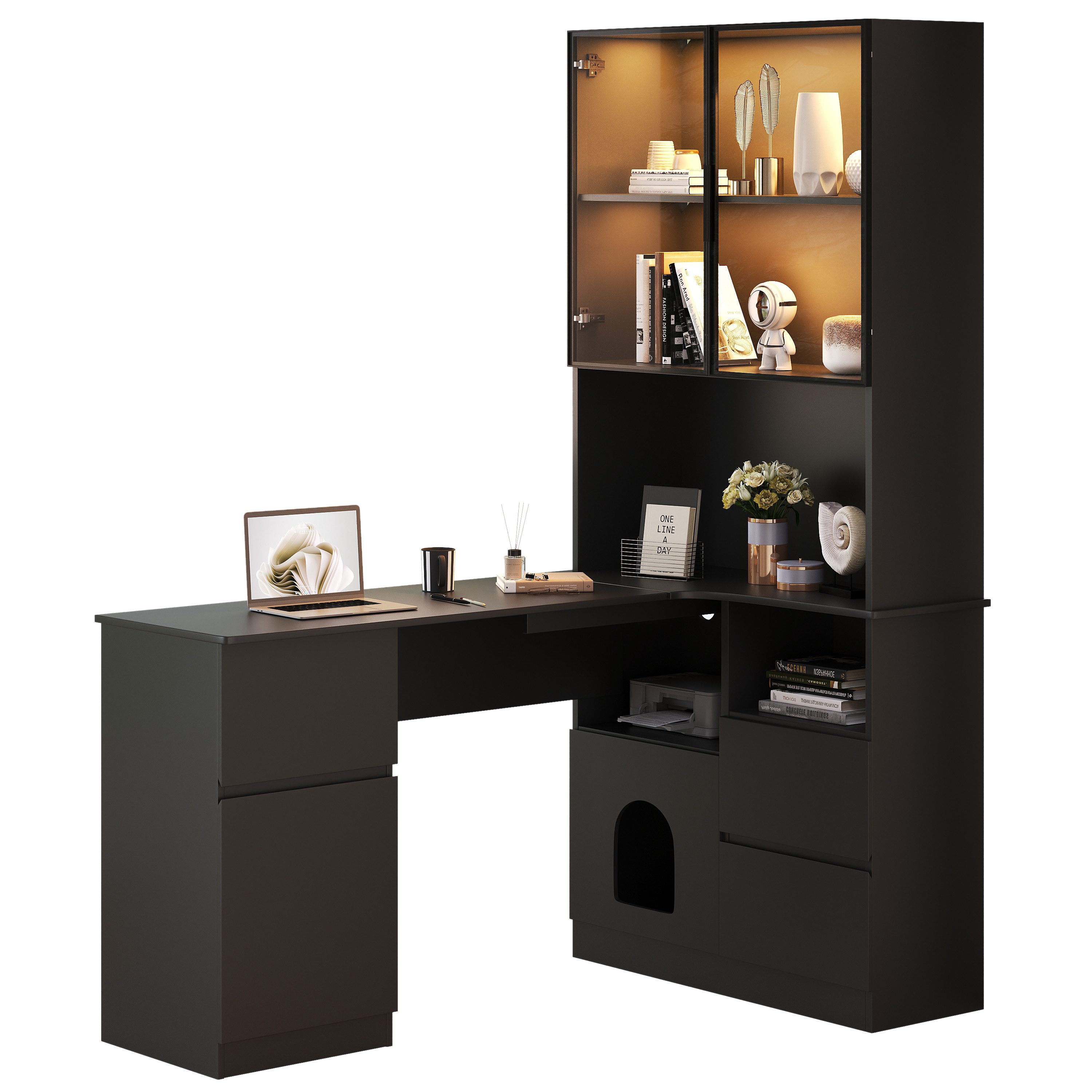 MODFU Hochschrank Eckschreibtisch mit LED-Vitrine (Ecktisch, Highboard, 1-St., 3 Schubladen, 4 Türen, offenen Fächern, Haustierfach) mit Kabeldurchlass, eingebautem Bücherregal