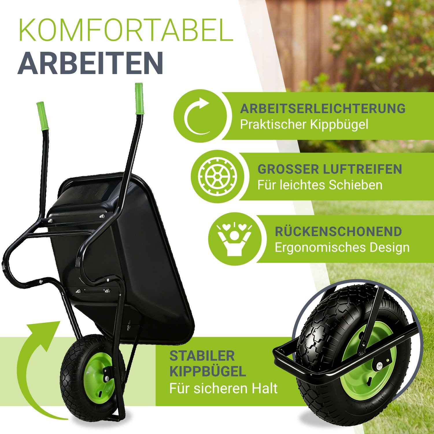 Juskys Schubkarre Garden, 100L, bis 250 kg, Luftreifen, verzinkte Wanne, inkl. Handschuhe