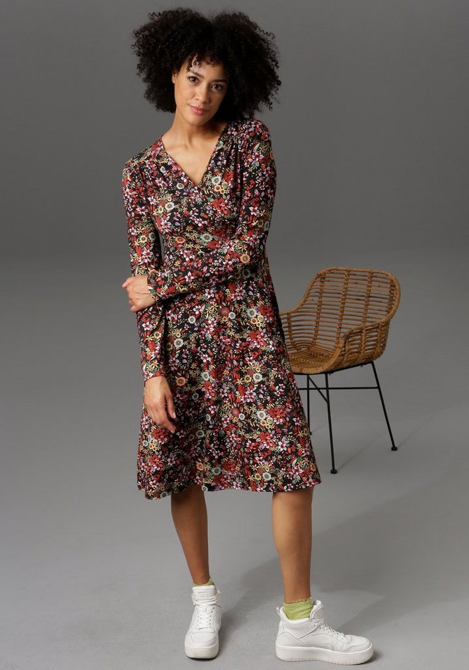 Aniston CASUAL Jerseykleid in Wickel-Optik, Damenkleid mit farbenfrohen  Blumendruck