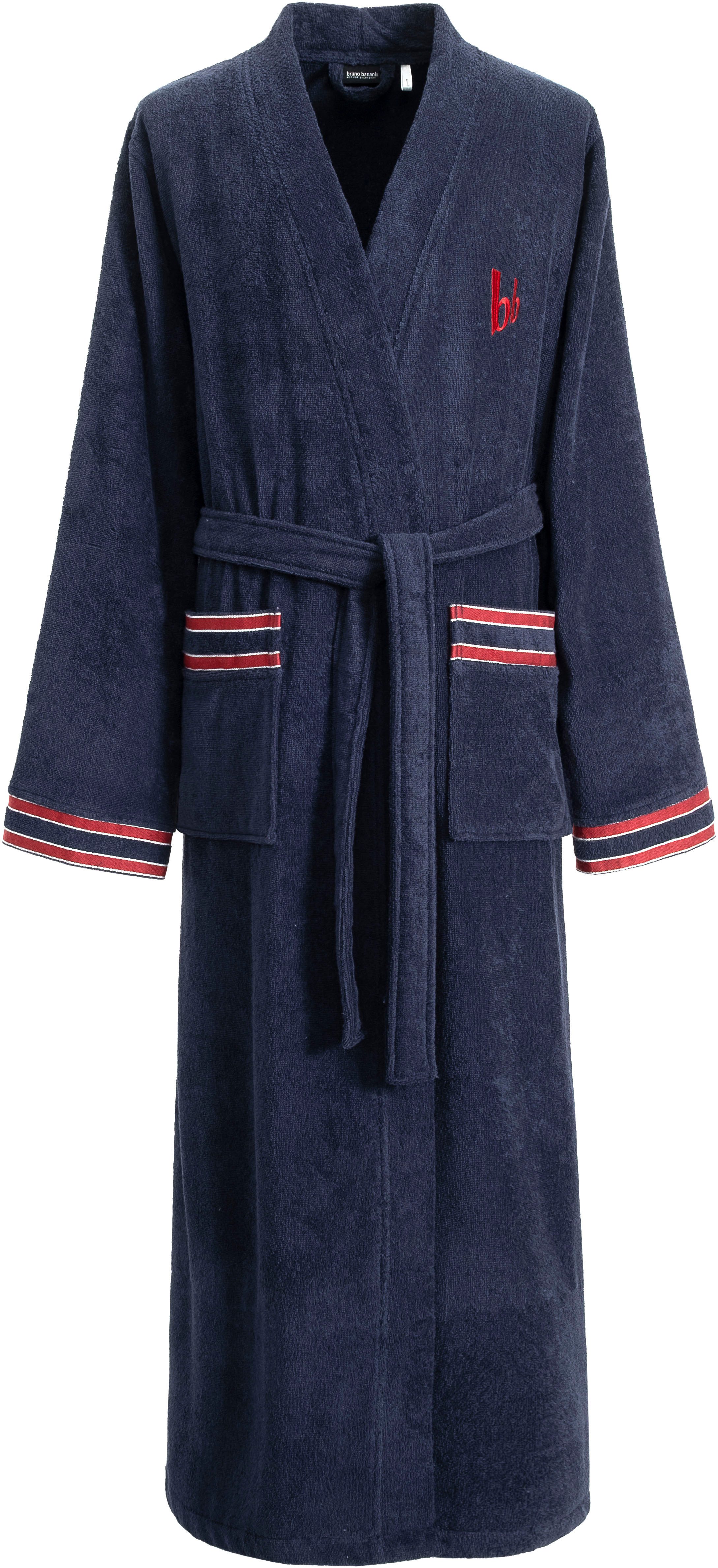 Bruno Banani Herrenbademantel Roy, ideal für Sauna & Spa, Standardlänge & Überlänge, Langform, Walkfrottee, Kimono-Kragen, Gürtel, farblich abgesetzten Streifen, Bademantel, S-3XL, auch in extra lang