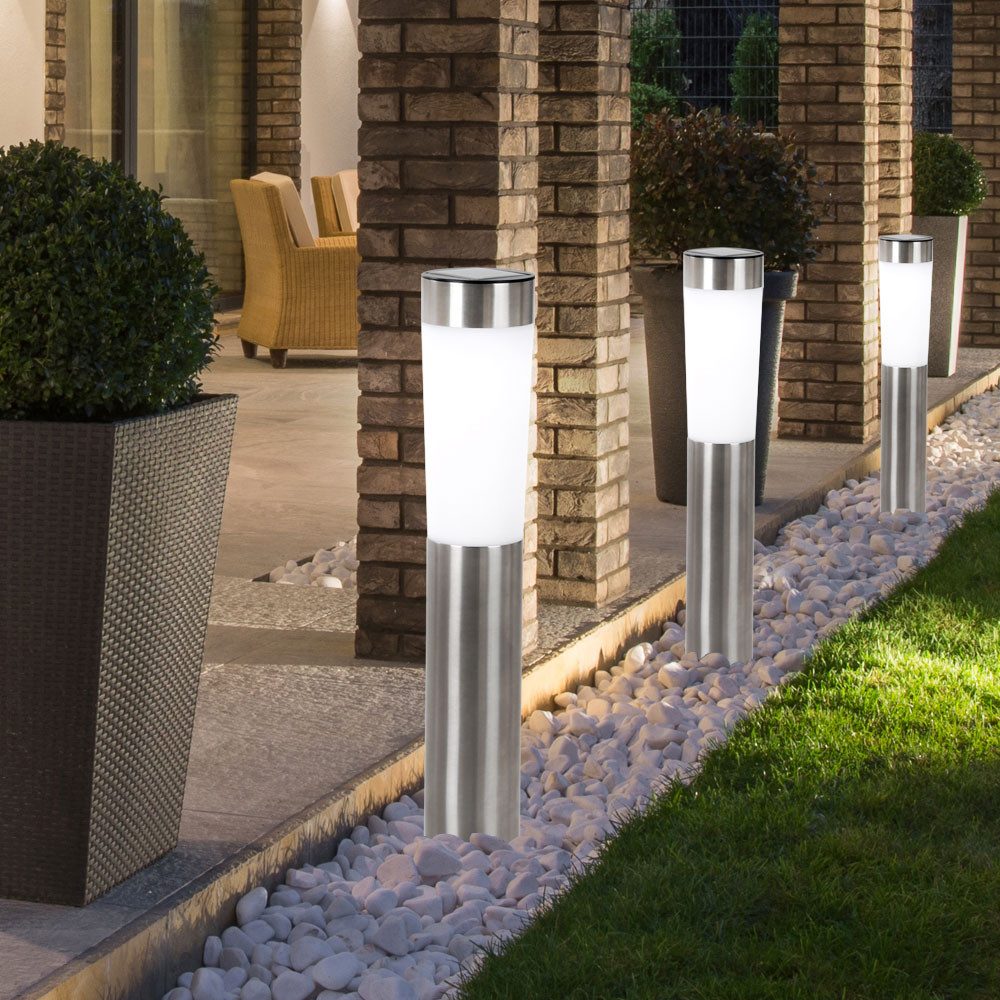 GLOBO LIGHTING LED Solarleuchte, LED-Leuchtmittel fest verbaut, Solarleuchte Stecklampe Außenleuchte LED Edelstahl Erdspieß 3er Set