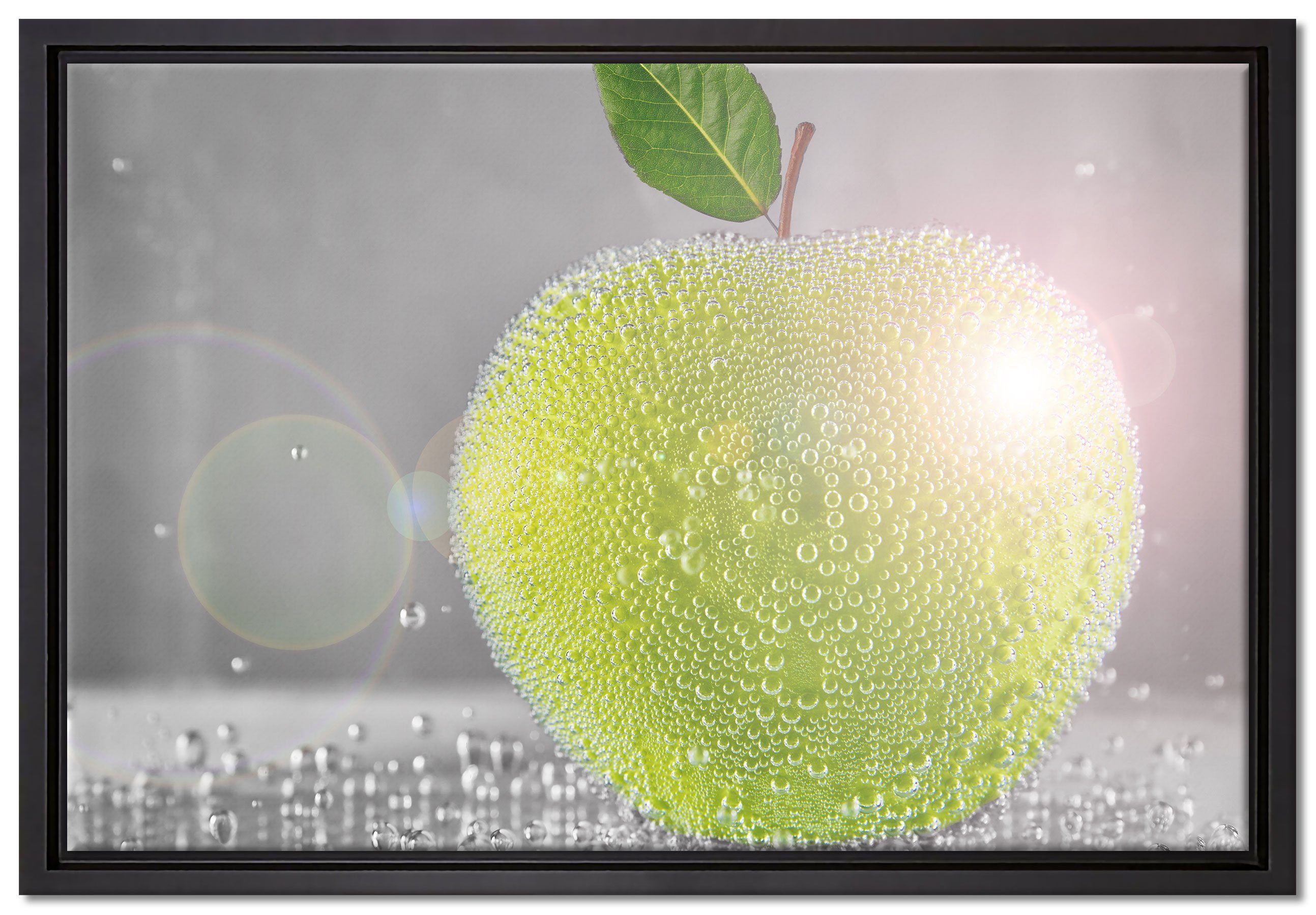 Pixxprint Leinwandbild Apfel mit Wasserperlen, Wanddekoration (1 St), Leinwandbild fertig bespannt, in einem Schattenfugen-Bilderrahmen gefasst, inkl. Zackenaufhänger