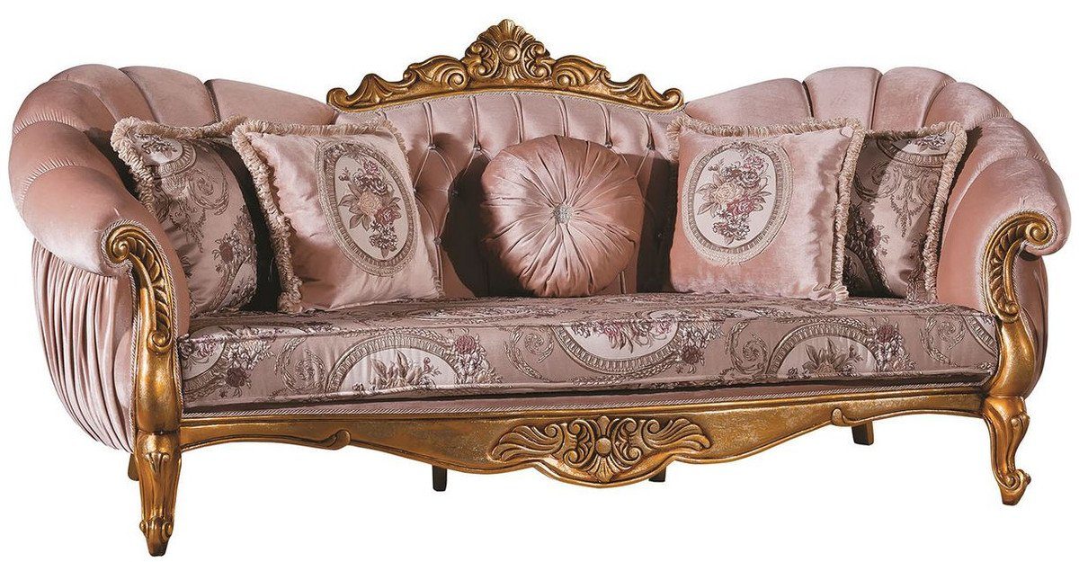 Casa Padrino Sofa Luxus Barock Sofa Rosa / Gold 220 x 90 x H. 110 cm - Prunkvolles Wohnzimmer Sofa mit Glitzersteinen und dekorativen Kissen