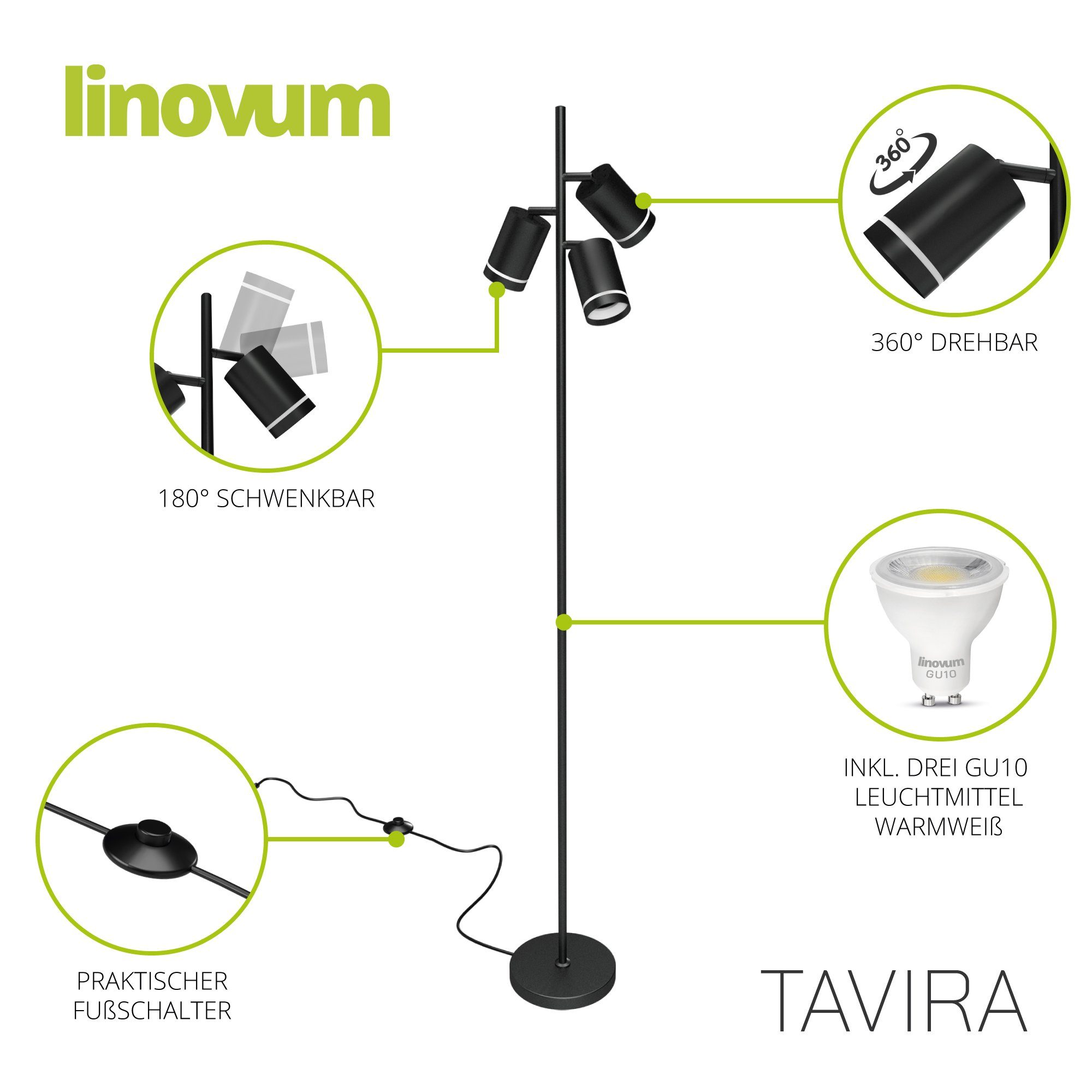 linovum LED Aufbaustrahler Stehleuchte Lampen Leuchtmittel inklusive, 3-flammig inklusive inkl. drehbar 2x Leuchtmittel TAVIRA GU10 6W