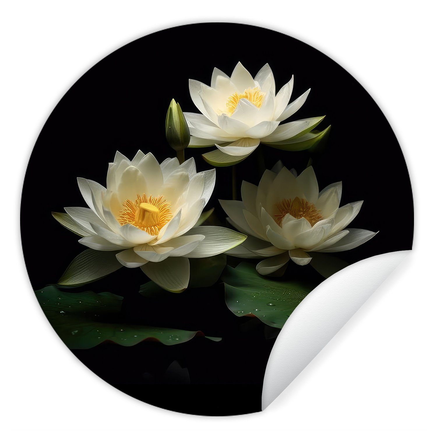 MuchoWow Wandsticker Lotus - Blumen - Weiß - Natur - Schwarz (1 St), Tapetenkreis für Kinderzimmer, Tapetenaufkleber, Rund, Wohnzimmer