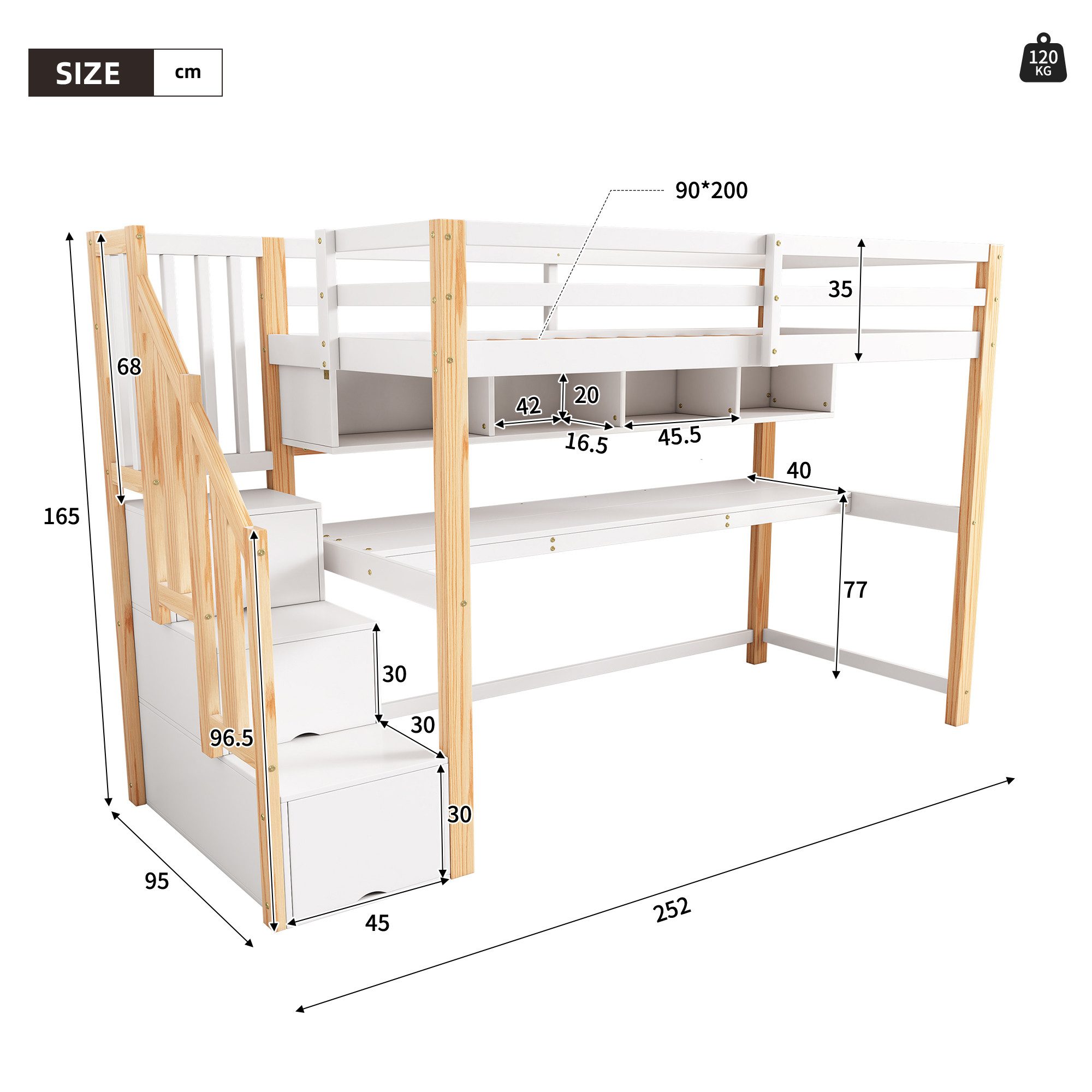 Flieks Hochbett Kinderbett mit Regale, Schreibtisch und Stauraumtreppe 90x200cm – Bild 4 von 5
