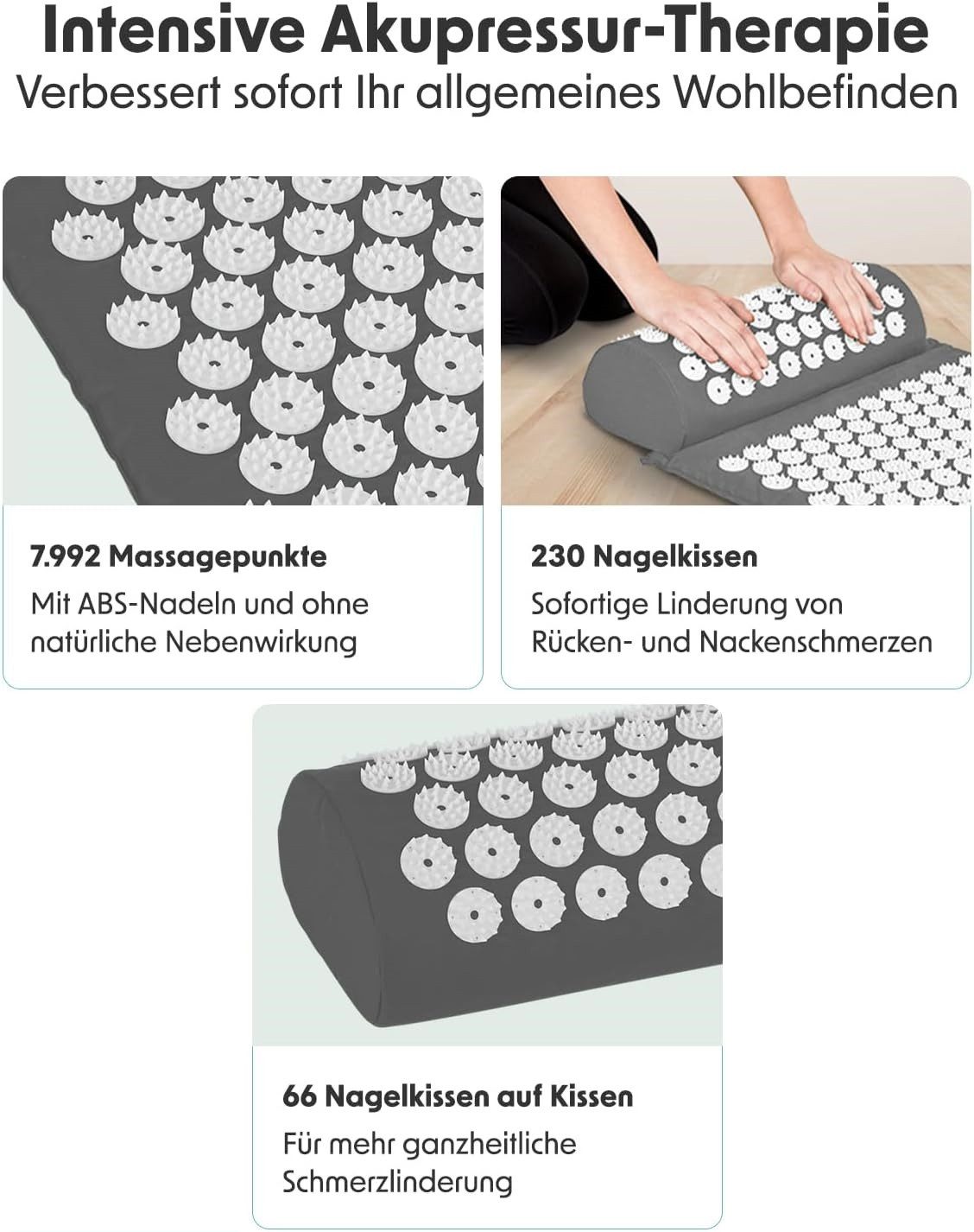 Wisam Akupressurmatte mit Kissen Akupressur Set Massagematte 60 x 40 Grau