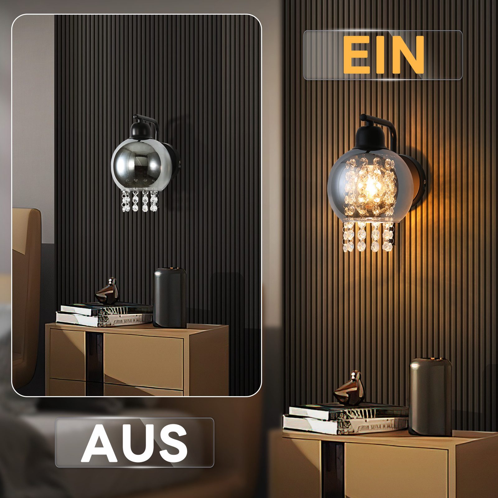 ZMH Wandleuchte Innen E27 Rauchgrau Glas Design Wandlampe Kristall Bett Treppenhaus, ohne Leuchtmittel, Modern 1 Flammig Bettlampe Flexible Beleuchtungsmöglichk – Bild 5 von 5