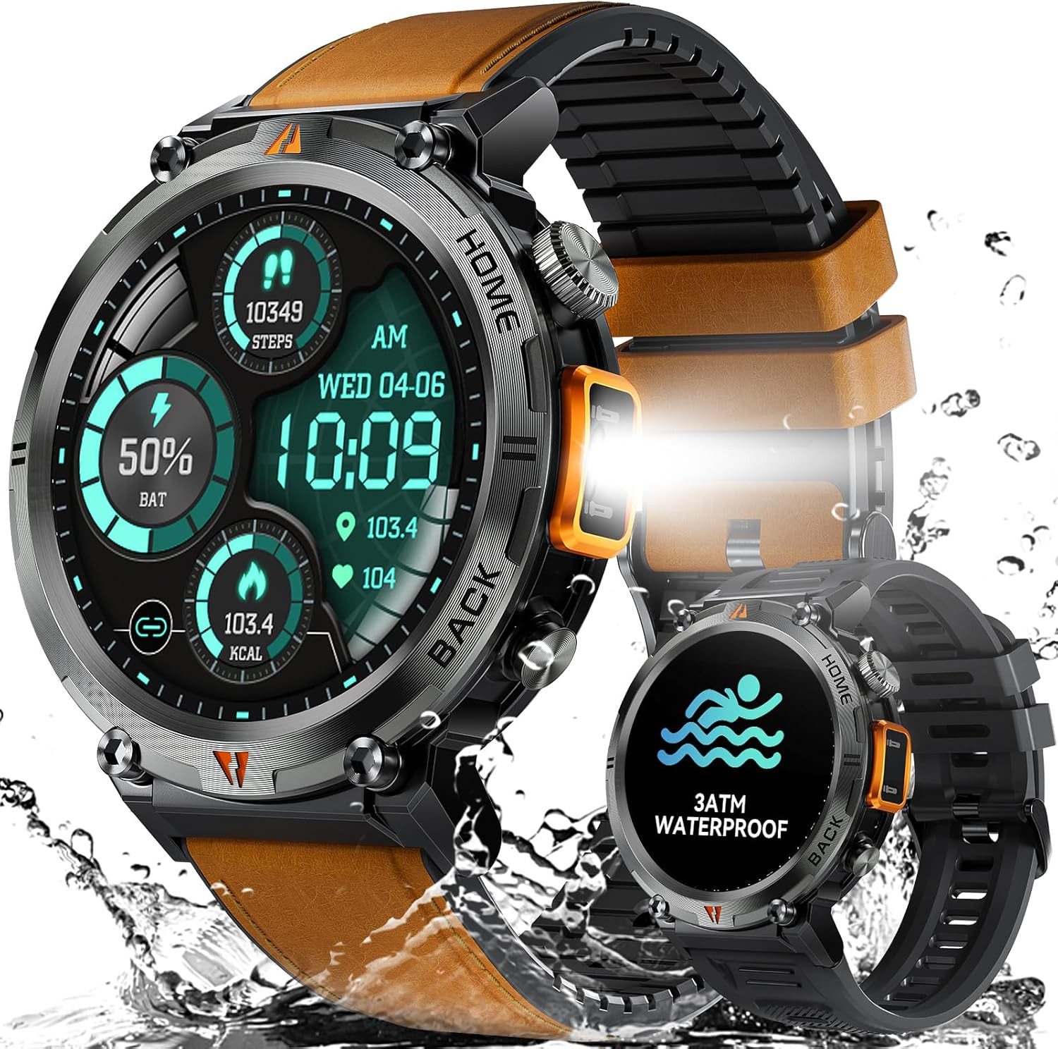 AdivaX KE3 Smartwatch (3,6 cm, android ios), Outdoor Smartwatch mit 110 Sportmodi Taschenlampe Telefonfunktion 3ATM