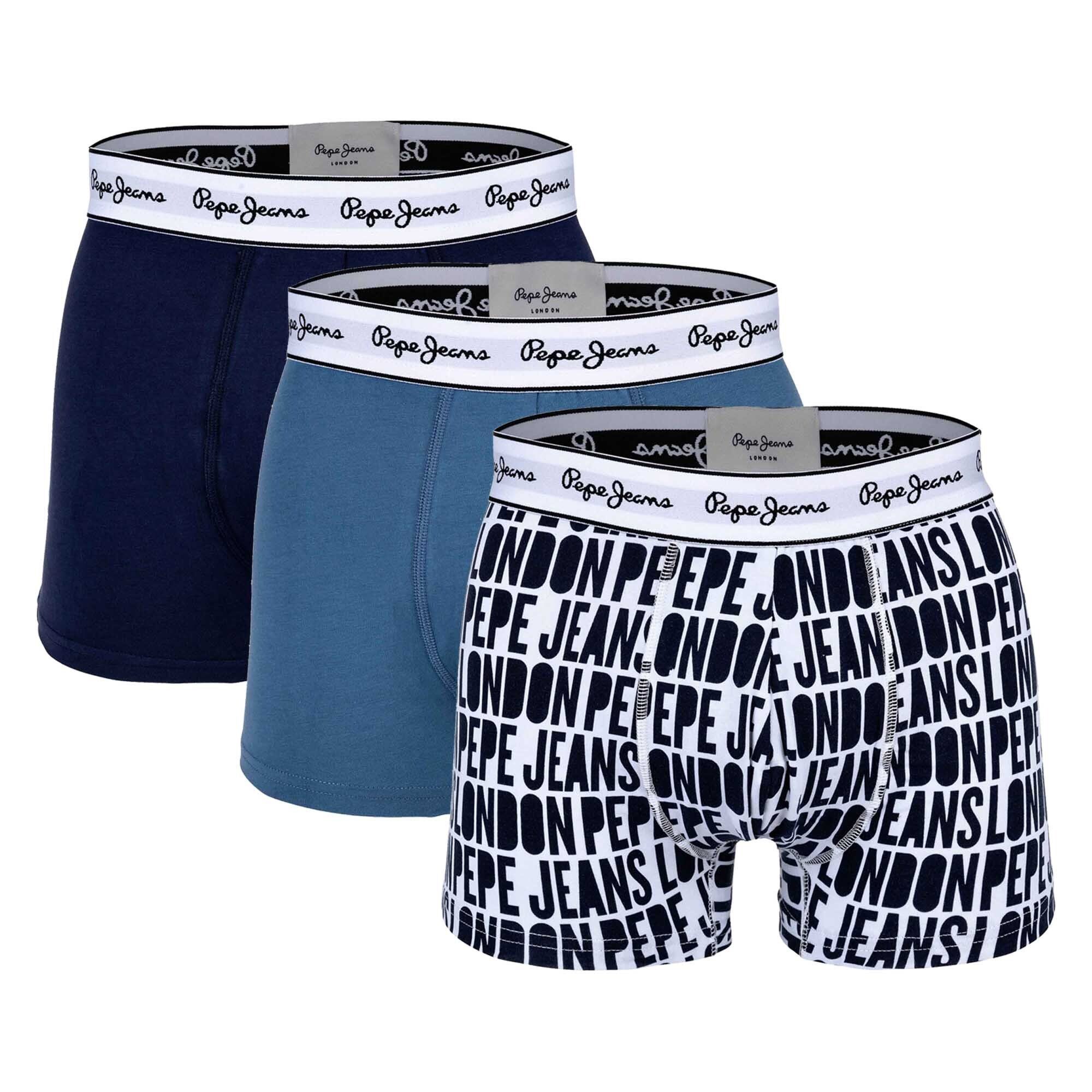 Pepe Jeans Boxer Herren Trunks, 3er Pack - ALLOVER LOGO Schwarz/Dunkelblau/Weiß