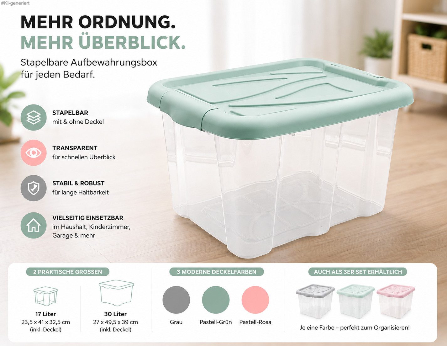 steinwohn Stapelbox mit Deckel 17L / 30L – Stapelbare Kunststoffbox Transparent, für Haushalt, Kinderzimmer & Garage