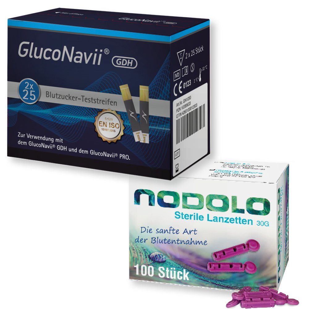 SD GLUCO NAVII Blutzucker-Teststreifen Pro, und 100 Nodolo Lanzetten, 50-tlg.