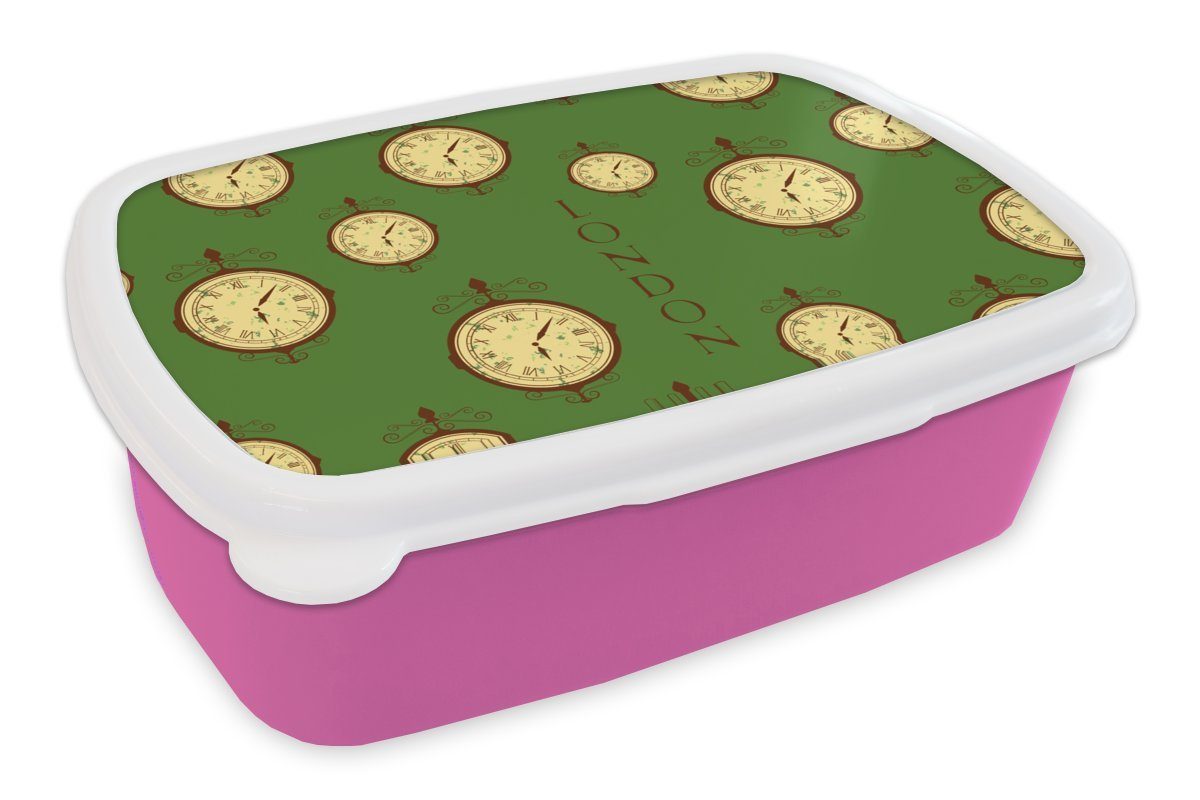 MuchoWow Lunchbox London - Vintage - Uhr - Muster, Kunststoff, (2-tlg), Brotbox für Erwachsene, Brotdose Kinder, Snackbox, Mädchen, Kunststoff rosa