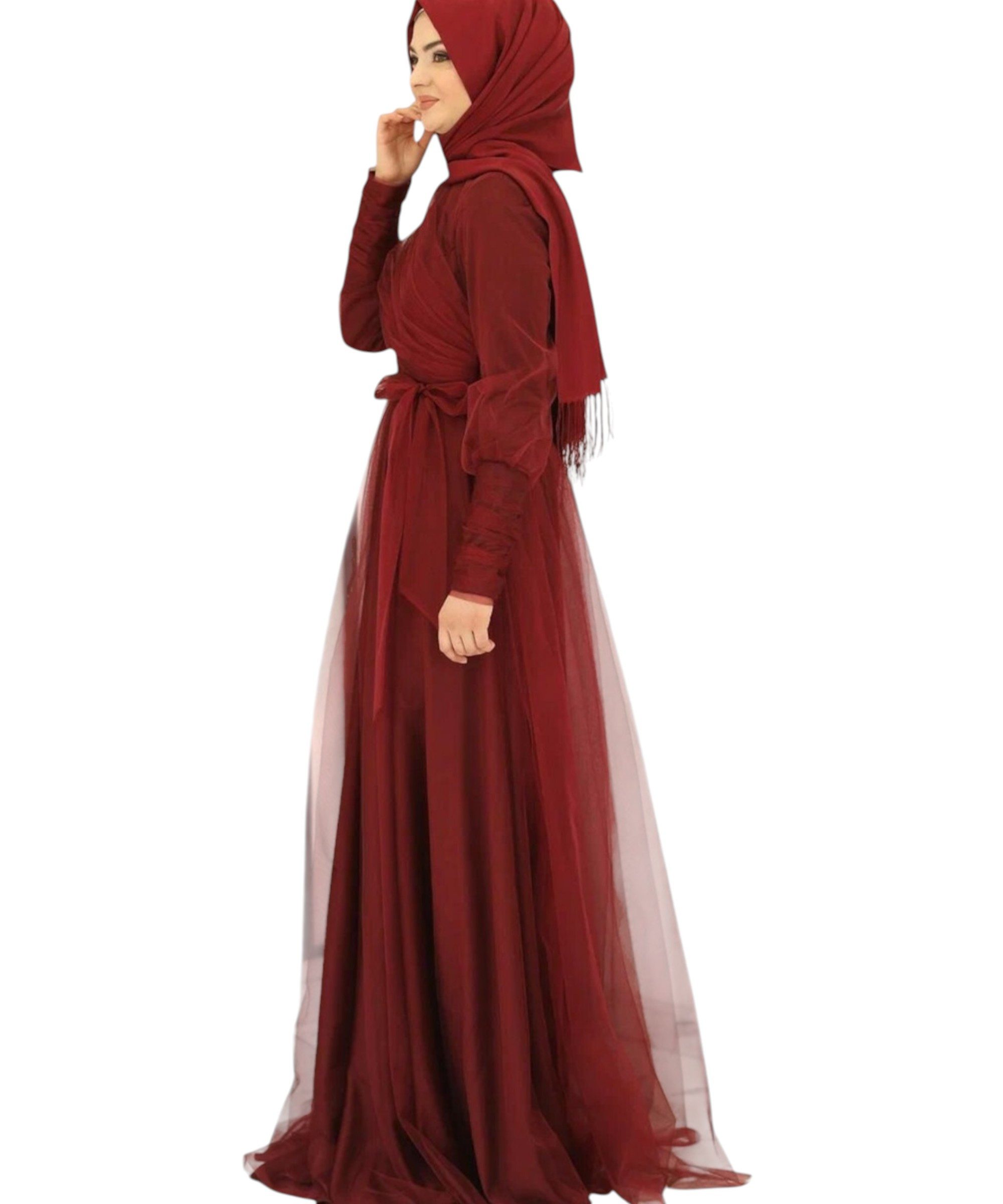 Modavitrini Tüllkleid Maxikleid langarm Abendkleid festlich elegant mit Gürtel bodenlang gefüttert, blickdicht