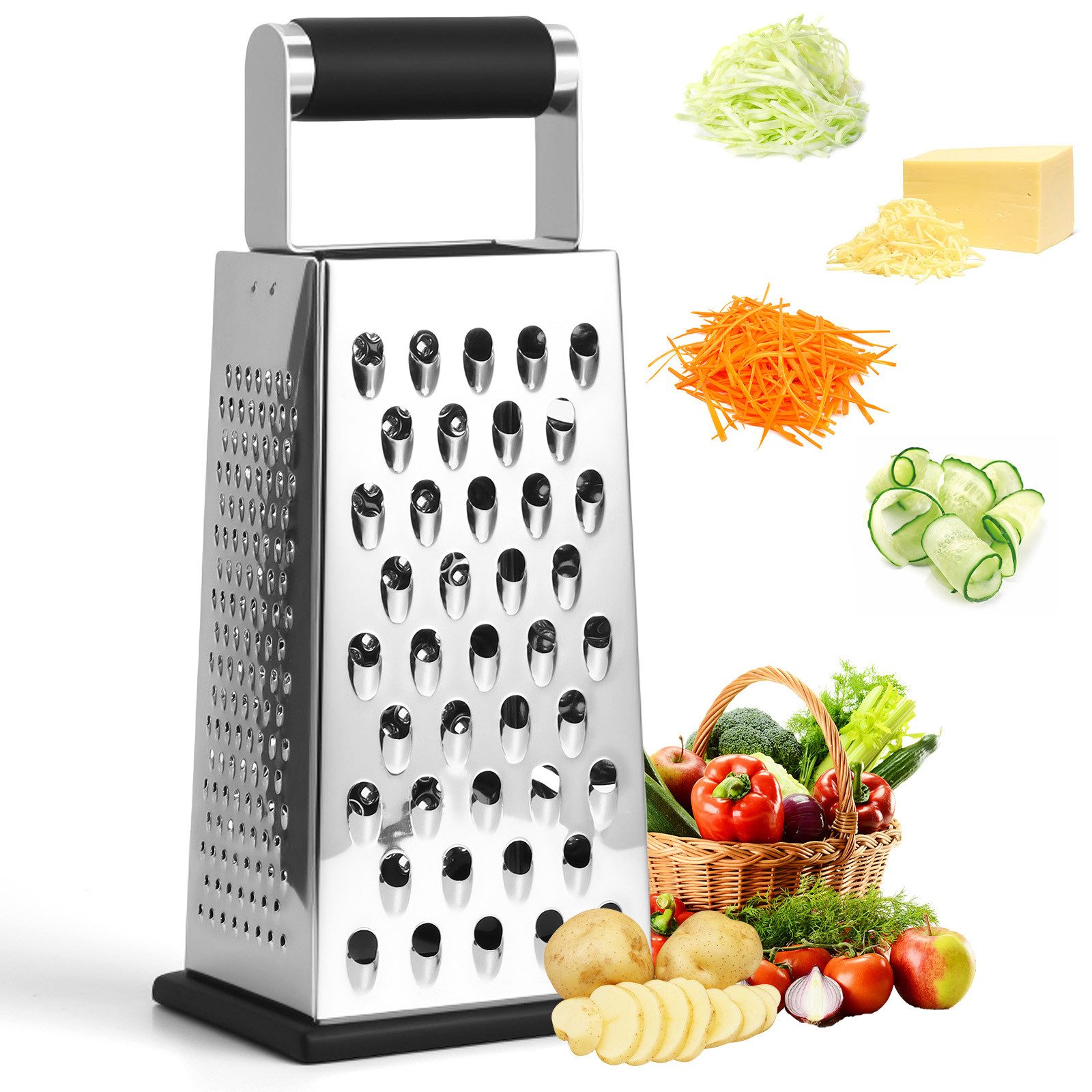 BlingBin Vierkantreibe 4-Seitige Gemüsehobel Edelstahl, Küchenreibe, Reibe für Gemüse, Edelstahl, (1er Set, 1-St., 10,8*8,3*24,5cm), Kartoffelreibe, Grater Kitchen mit Griff für Obst, Gemüse, Käse