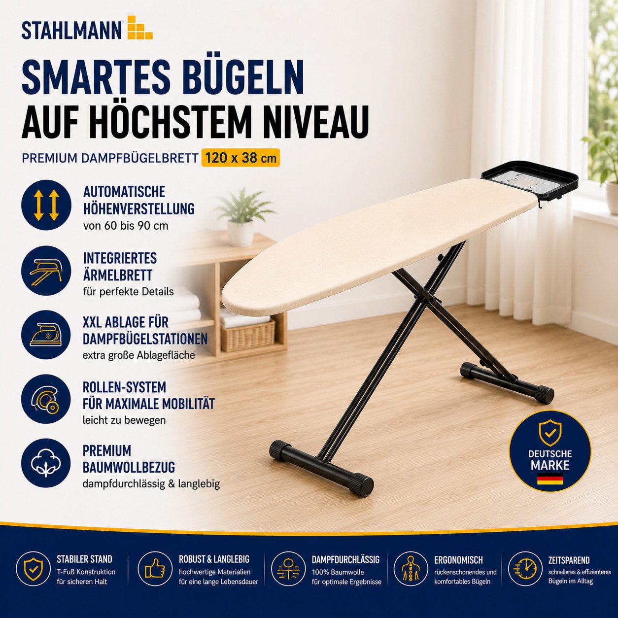 STAHLMANN COMMERCE GmbH Bügelbrett 120 × 38 cm, Made in EU, höhenverstellbar 60-90 cm, Turbobezug, Bügelfläche 38x120 cm, Ovale Form, Made in EU, Mesh-Bügelfläche