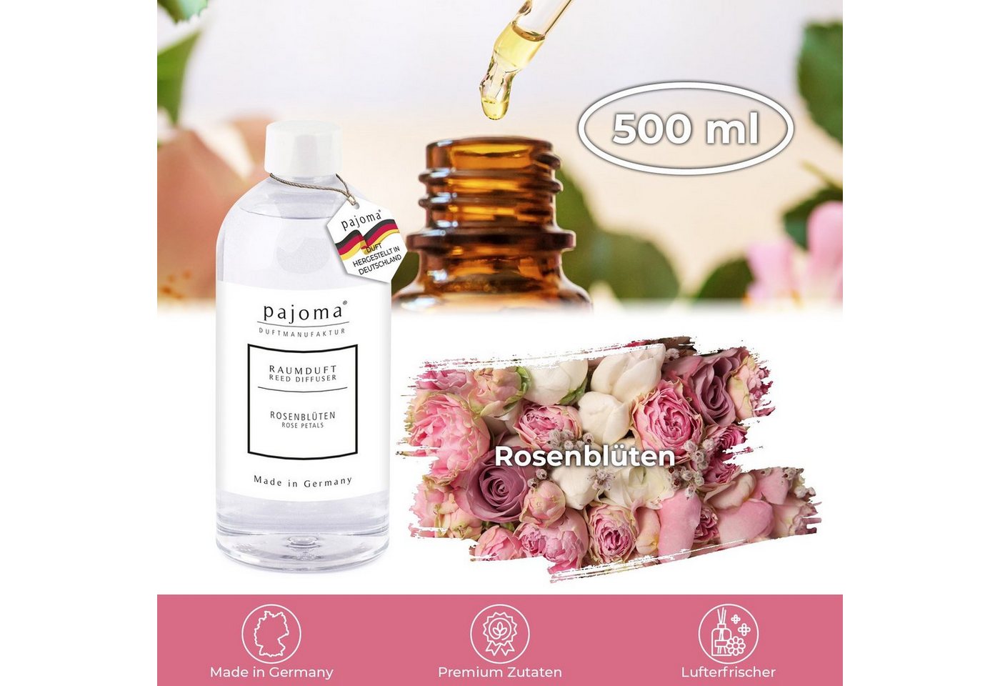 Thumbnail - pajoma® Raumduft-Nachfüllflasche Rosenblüten, 500 ml, Nachfüller für Raumduft-Behälter