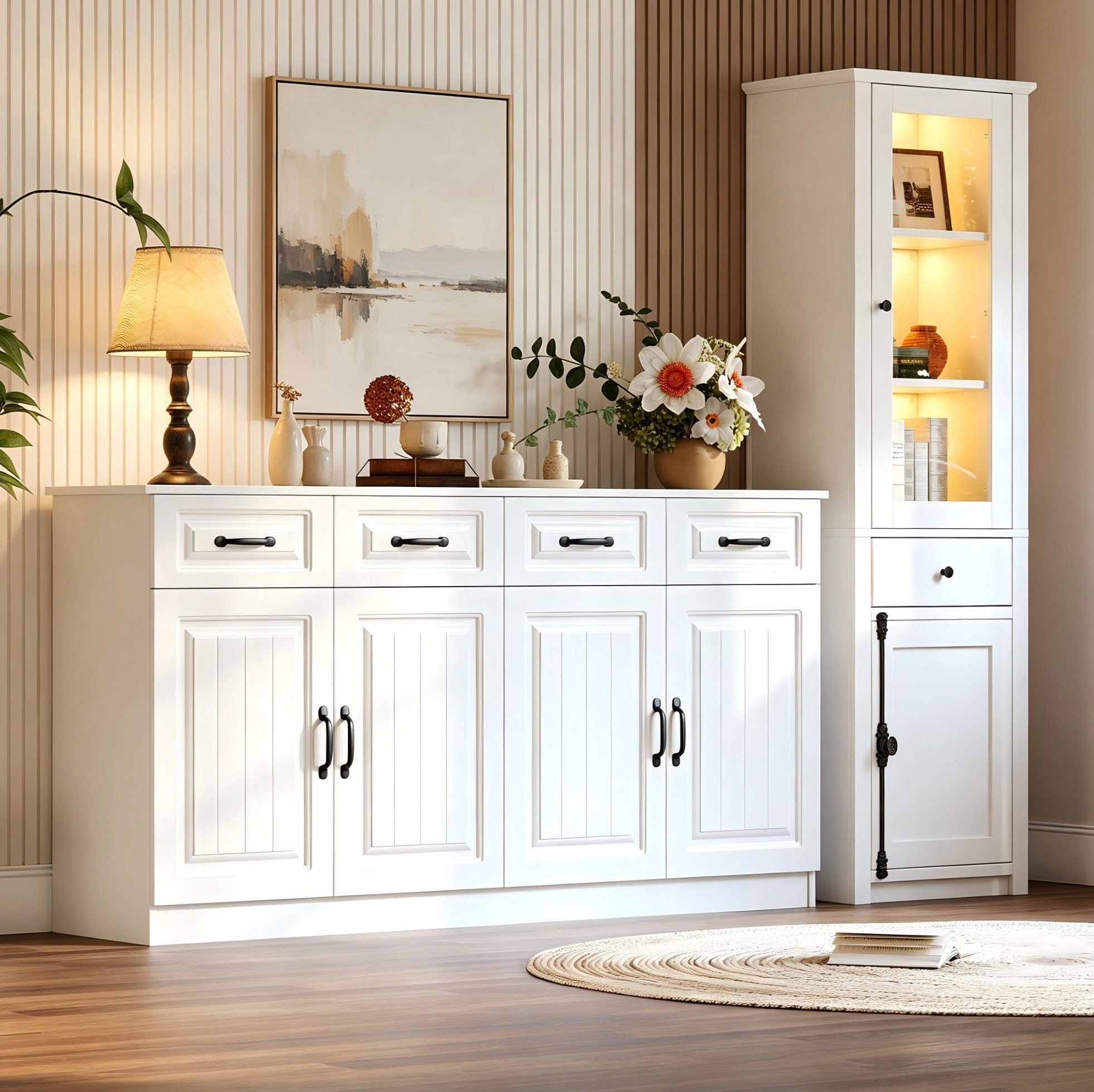 MODFU Wohnzimmer-Set 2-teiliges Möbelset: Sideboard & Vitrine, (1-St., Sideboard: 160×80×35 cm & Vitrine: 55×200×40 cm, MDF), Weiß lackiert, stabil, pflegeleicht