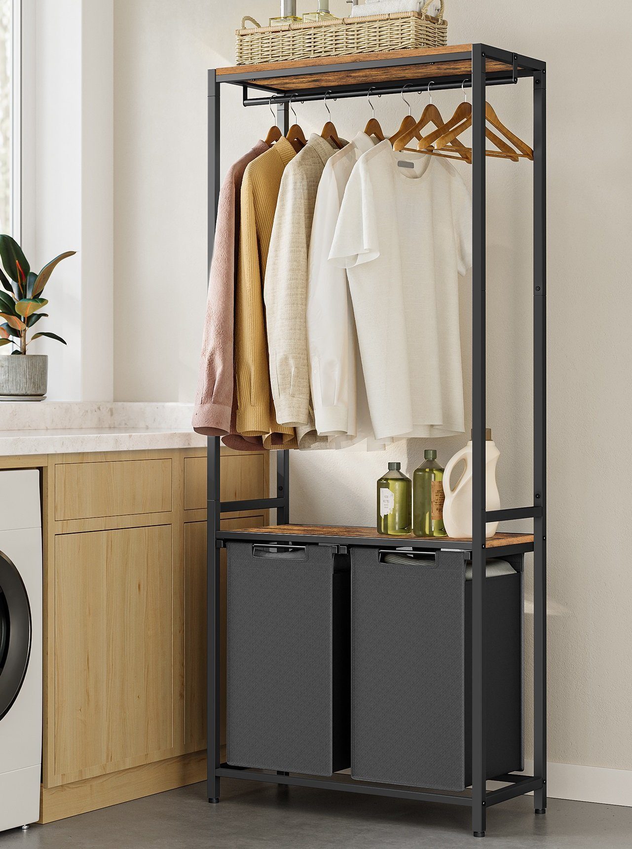 VASAGLE Wäschekorb, 2 Fächer, mit 2 Ablagen, Kleiderstange, abnehmbar, 2 x günstig online kaufen