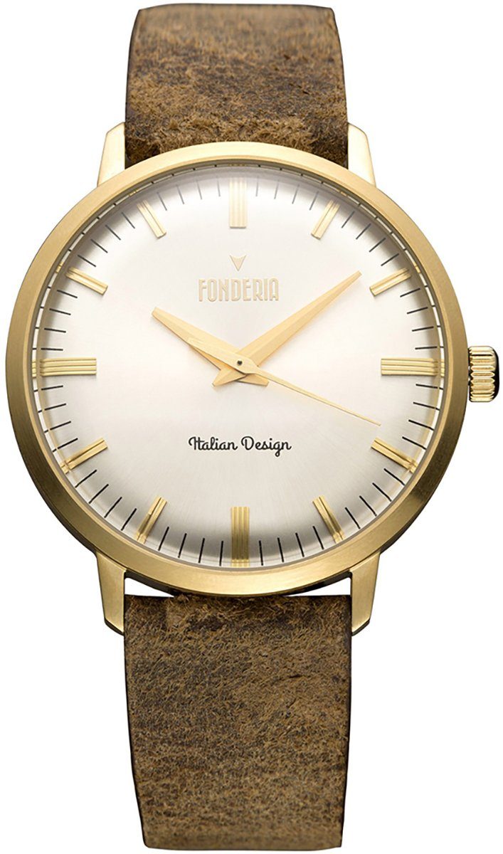Fonderia groß Leder, P-6G003US1 braun Lederarmband rund, Armbanduhr Uhr Herren Fonderia 41mm), (ca. Herren Quarzuhr