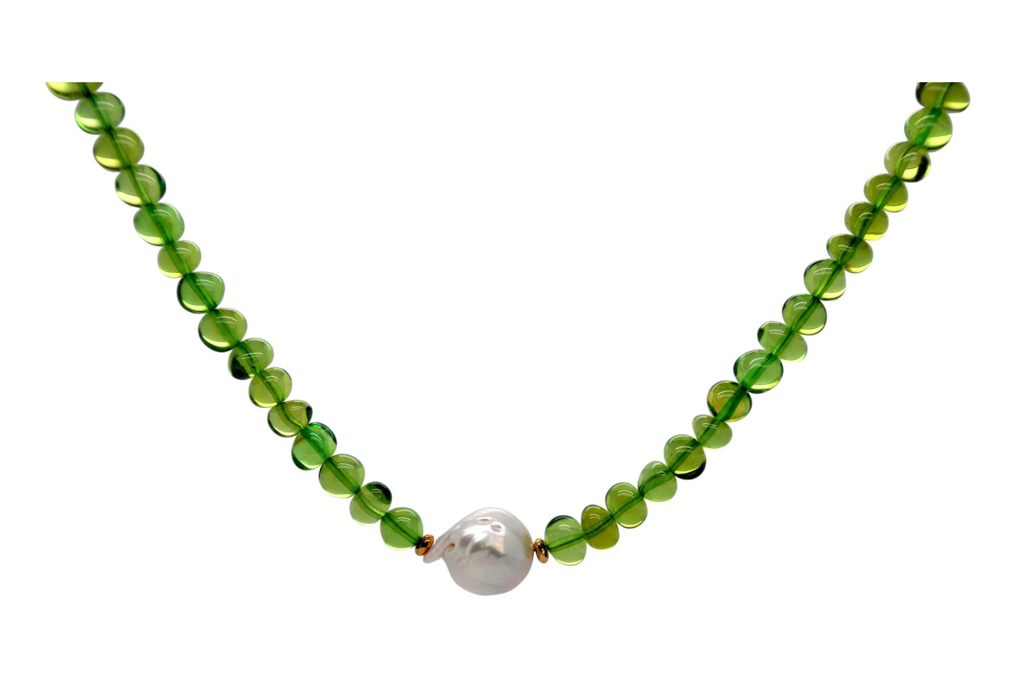 Sogni d'oro Collier aus grünem Bernstein mit Süßwasserzuchtperle, Gelbgold 375