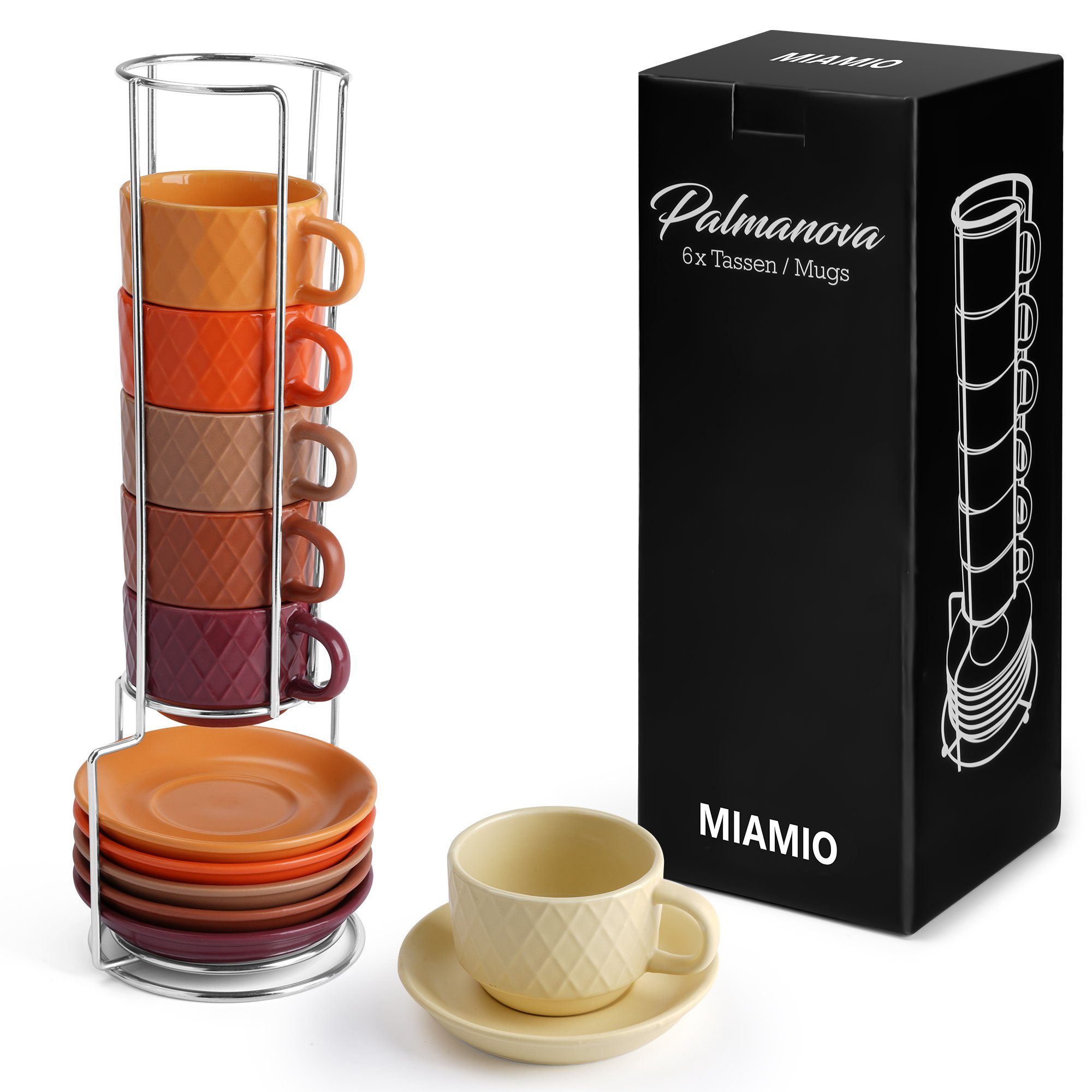 MiaMio Espressotasse MIAMIO – 6 x 75 ml Espresso Tassen / Espressotassen Set mit Ständer rot