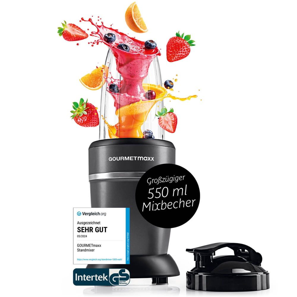 GOURMETmaxx Standmixer Mixer Becher 500ml 3-tlg. 1000W schwarz/Edelstahl, 1000 W, Shakes Smoothies Cocktails Dips Pesto pürieren zerkleinern mahlen
