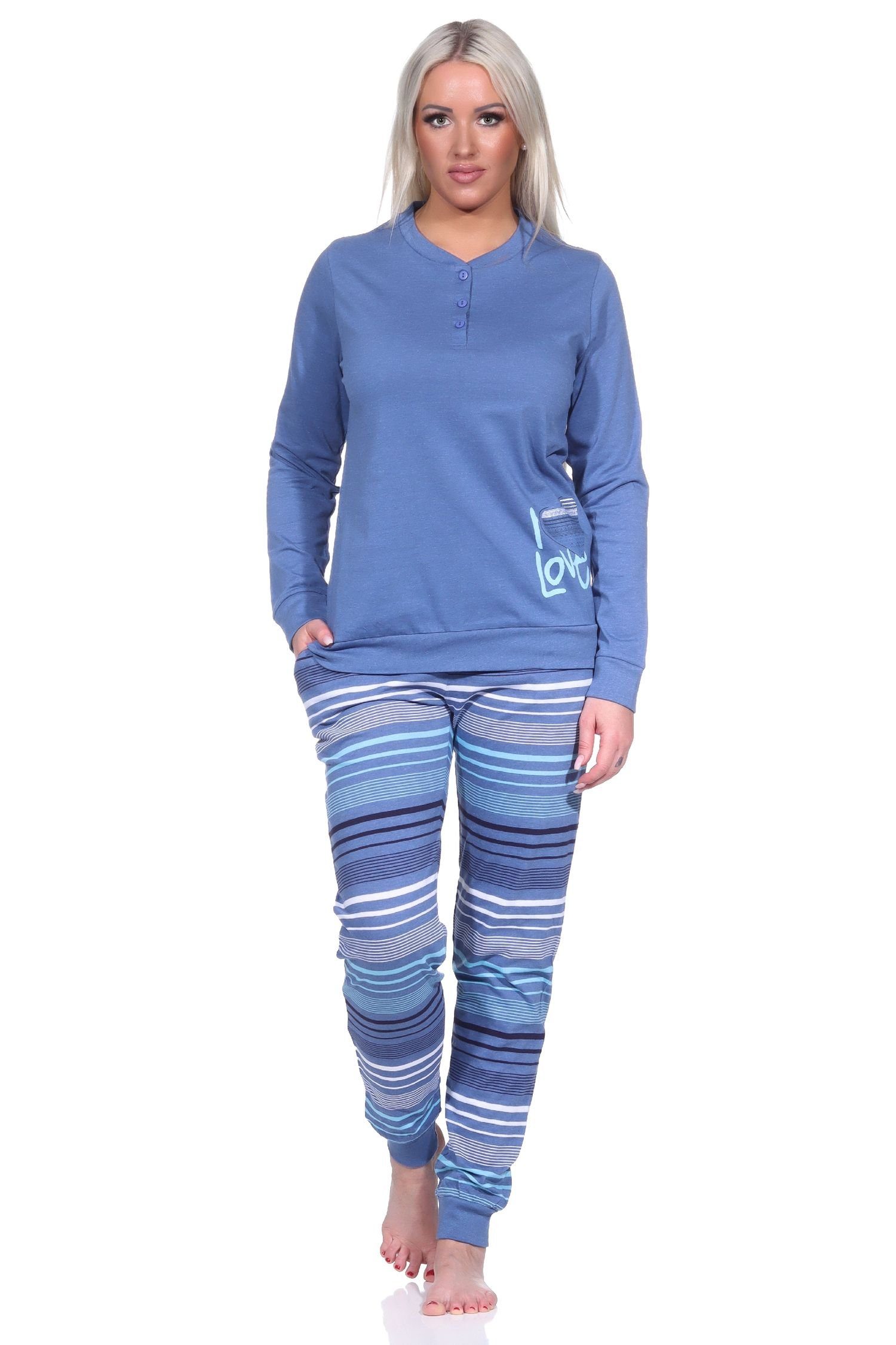 Normann Pyjama Damen blau-melange Hose und Herzmotiv mit Bündchen gestreifter Pyjama 
