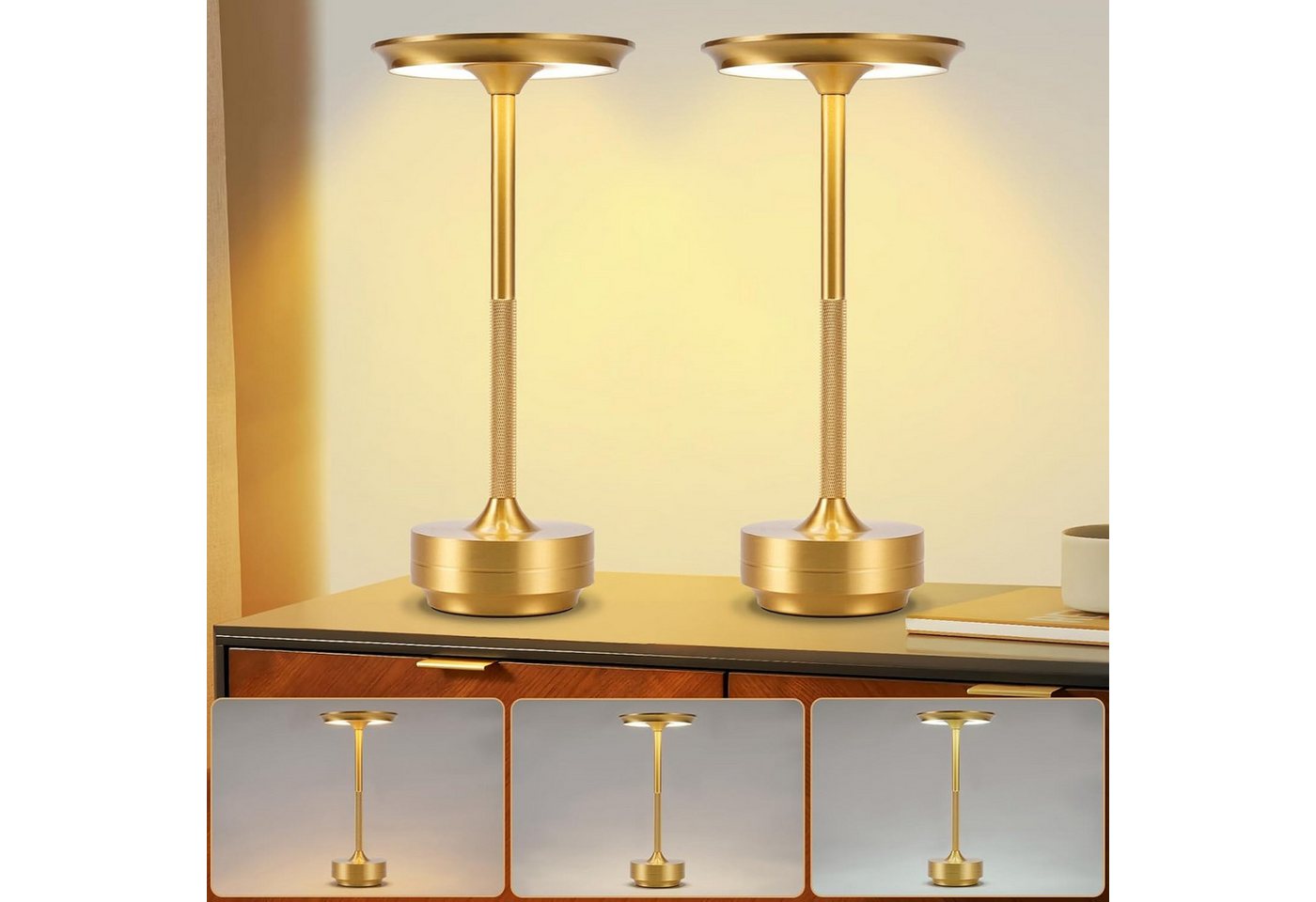ZMH LED Tischleuchte kabellose Akku-Nachttischlampe, Dimmbar, Touch-Steuerung, 3 Lichtfarben, USB-C-aufladbar, LED fest integriert, Warmweiß, Neutralweiß, Kaltweiß