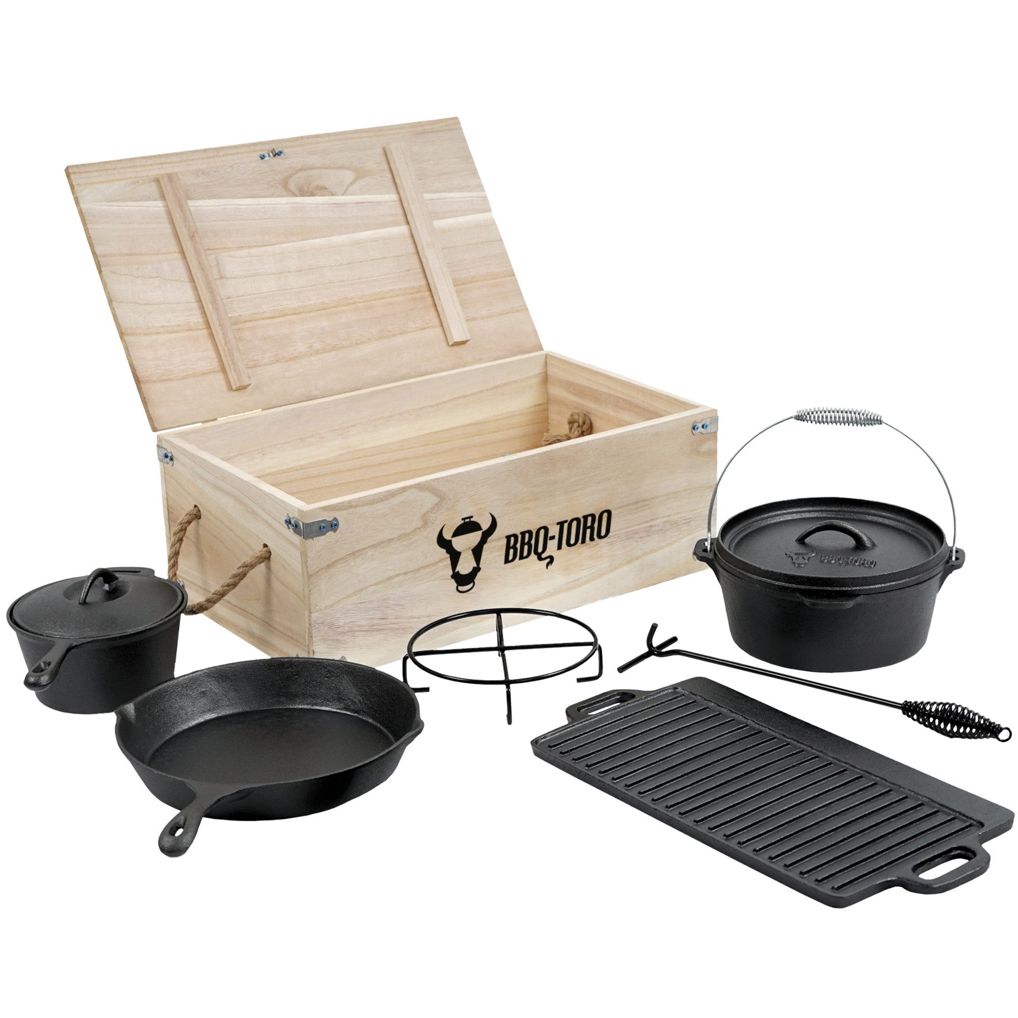 BBQ-Toro Grilltopf 7-teiliges Dutch Oven Set in Holzkiste mit Zubehör, gusseisen, Gusseisen (7-teiliges Dutch Oven Set mit Holzkiste und viel Zubehör, 7-tlg)