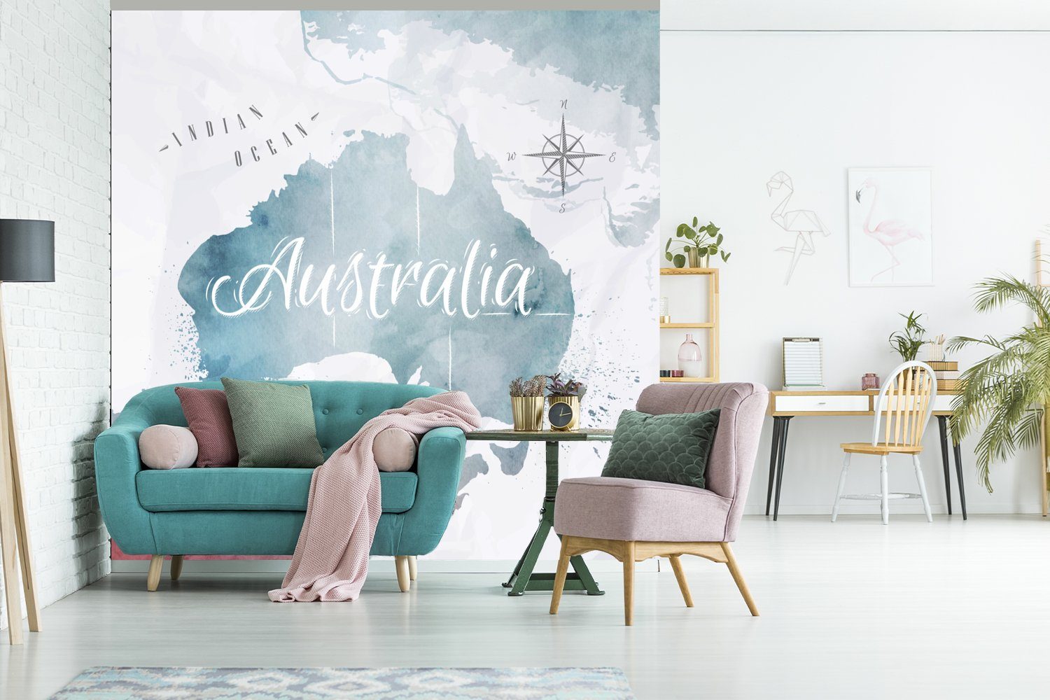 MuchoWow Fototapete Weltkarte - Australien Vliestapete Wohnzimmer (4 - bedruckt, Schlafzimmer für Matt, Fototapete Küche, Blau, St)