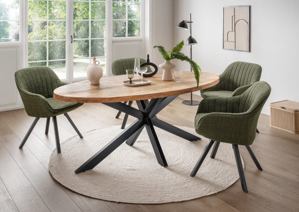 MR.DEKO Esszimmer-Set Mangoholz Tisch Avola & Stühle Matera grün oval, (Küchenmöbel für 4-6 Personen, 5-St), Esstisch Holz mit Diningsesseln 360° drehbar