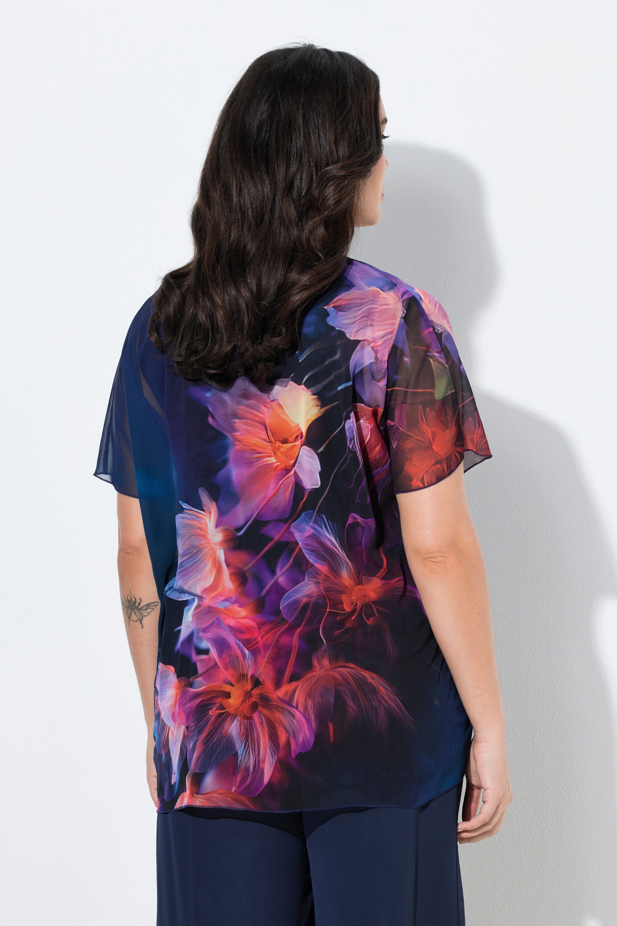 Ulla Popken Tunika Bluse Blüten doppellagig A-Linie Rundhals Halbarm