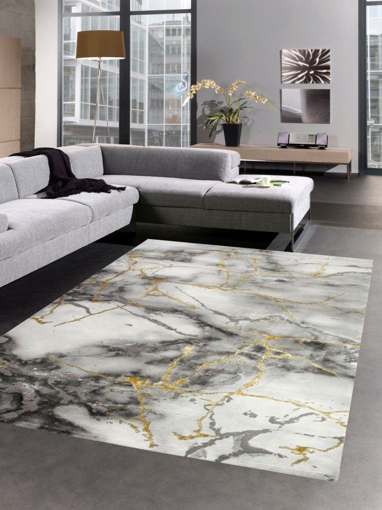 Teppich Teppich Marmor Muster mit Glanzfasern grau gold, Carpetia, rechteckig, Höhe: 12 mm