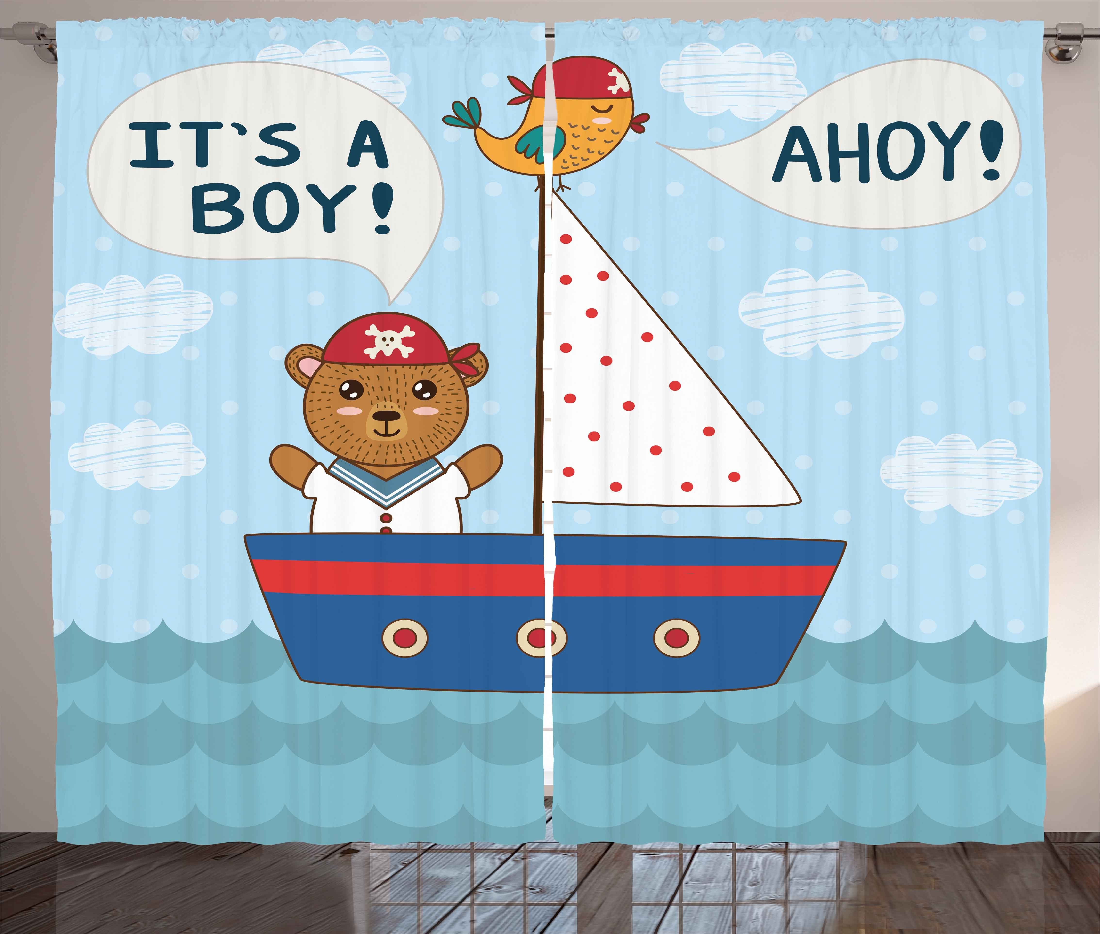 Gardine Schlafzimmer Kräuselband Vorhang mit Schlaufen und Haken, Abakuhaus, Ahoy Its a Boy Baby Shower Bär