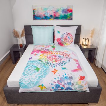 Bettwäsche Comfort Baumwolle, Traumschloss, Flanell, 2 teilig, bunte Mandalas auf weißem Hintergrund