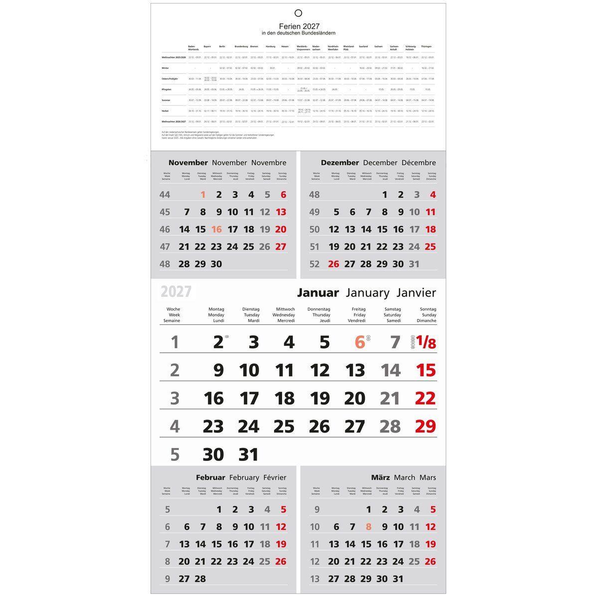 GÜSS Kalender Wandkalender 5-Monatskalender 30x64cm Kalendarium 2027