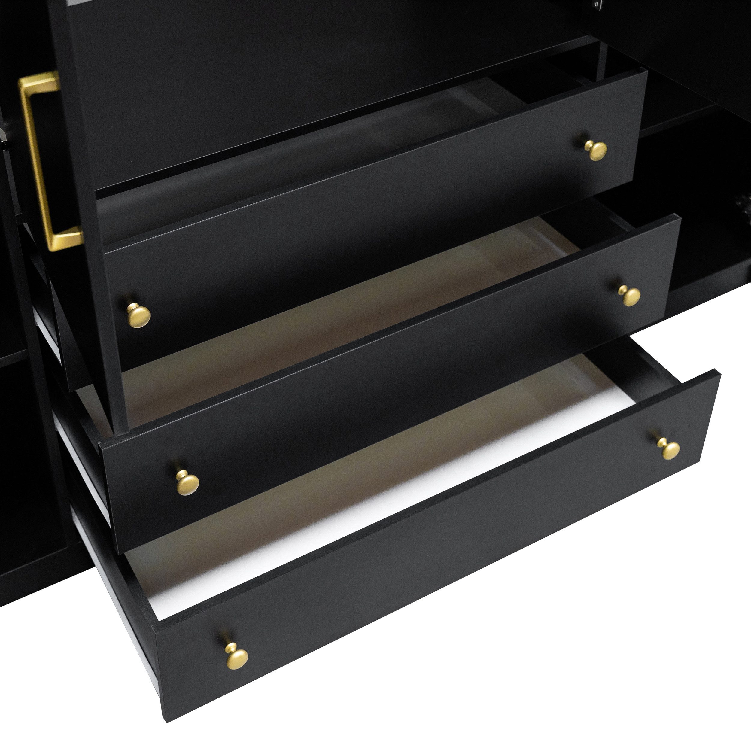 Beautysofa Drehtürenschrank RILO mit 4 Türen und goldfarbene Griffe (Kleiderstange, 8 Regalböden, 3 Schubladen, Farbe: Kaschmir, Weiß oder Schwarz) Breite: 196  – Bild 4 von 5