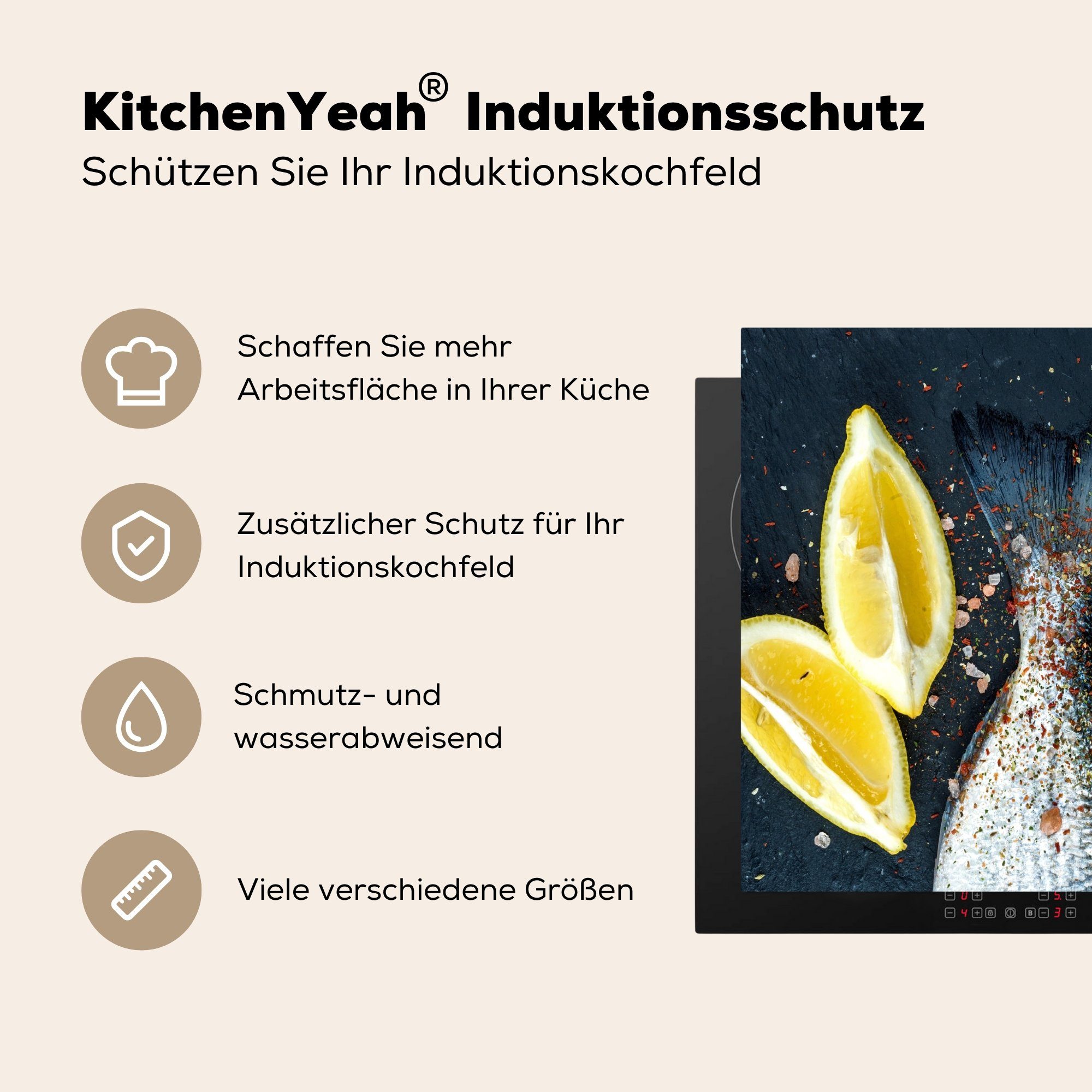 Induktionsschutz, (1 57x51 - cm, Zitrone Vinyl, Fisch Ceranfeldabdeckung Kräuter, MuchoWow tlg), - Induktionskochfeld, Herdblende-/Abdeckplatte