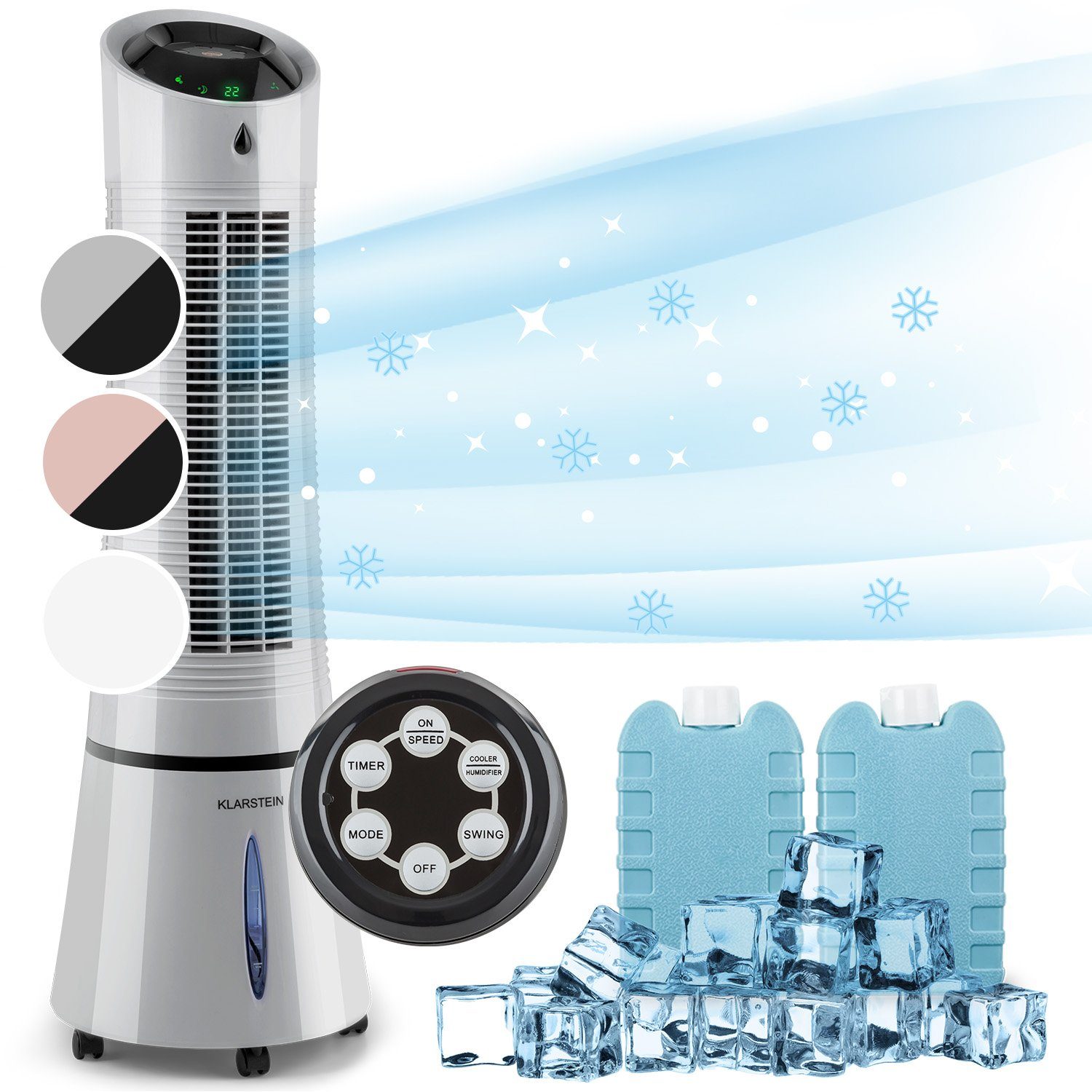 Klarstein Ventilatorkombigerät Skyscraper Ice 4-in-1 Luftkühler, mit Wasserkühlung & Eis mobil Klimagerät ohne Abluftschlauch Grau