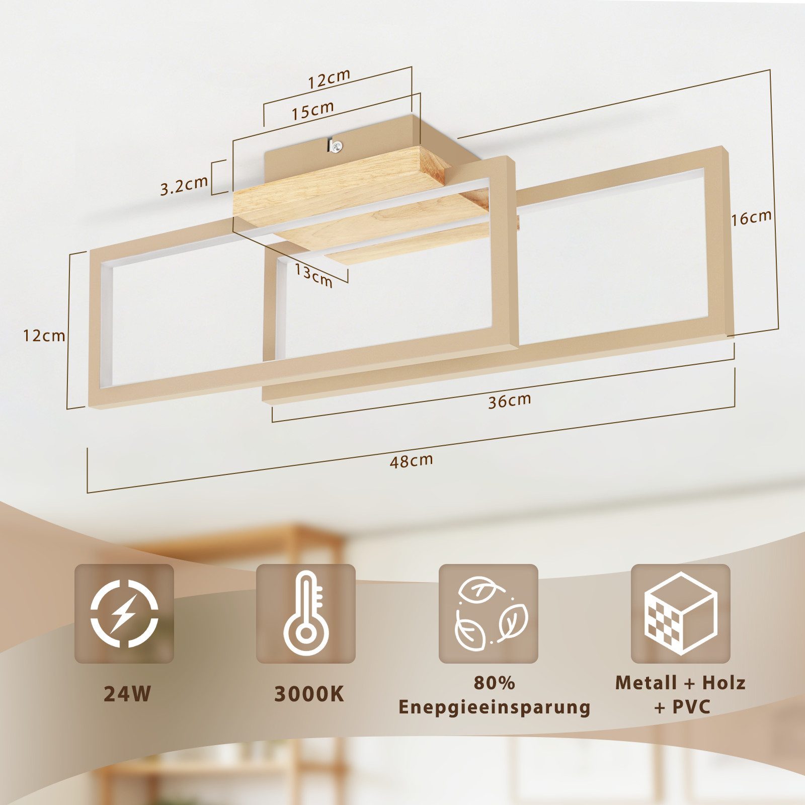 ZMH LED Deckenleuchte LED Deckenlampe Holz : 24W Modern Design Flurlampe Flur Rechteck, LED fest integriert