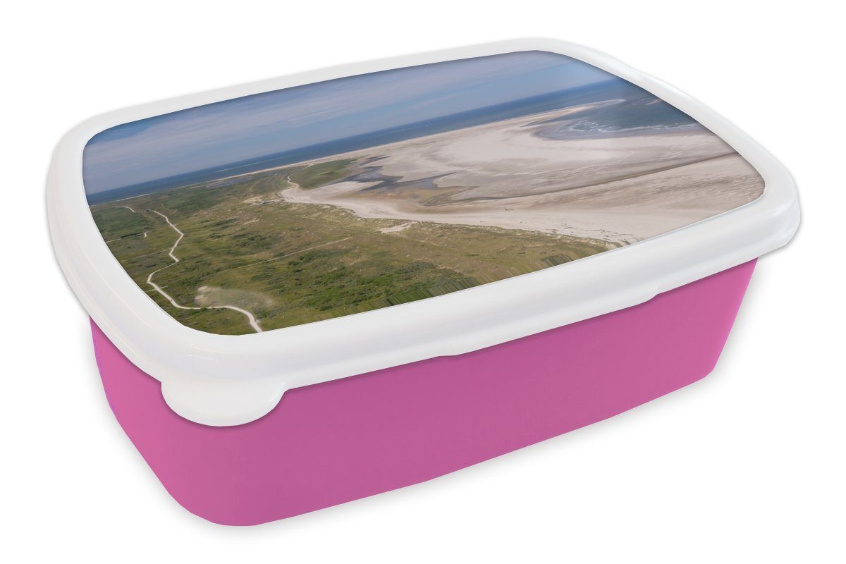 MuchoWow Lunchbox Ameland und das Wattenmeer von oben, Kunststoff, (2-tlg), Brotbox für Erwachsene, Brotdose Kinder, Snackbox, Mädchen, Kunststoff rosa | Lunchboxen