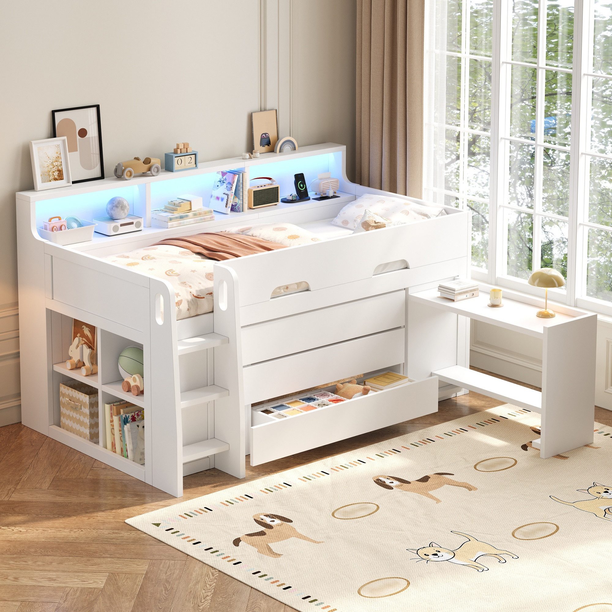 HAUSS SPOLE Hochbett 90x200 Kinderbett mit Schubladen,Jugendbett Schreibtisch & Staufächern (Funktionsbett Bettgestell mit LED-Lichtleiste und USB-Anschlüssen) Stauraumbett mit beweglichem Schreibtisch ohne Matratze