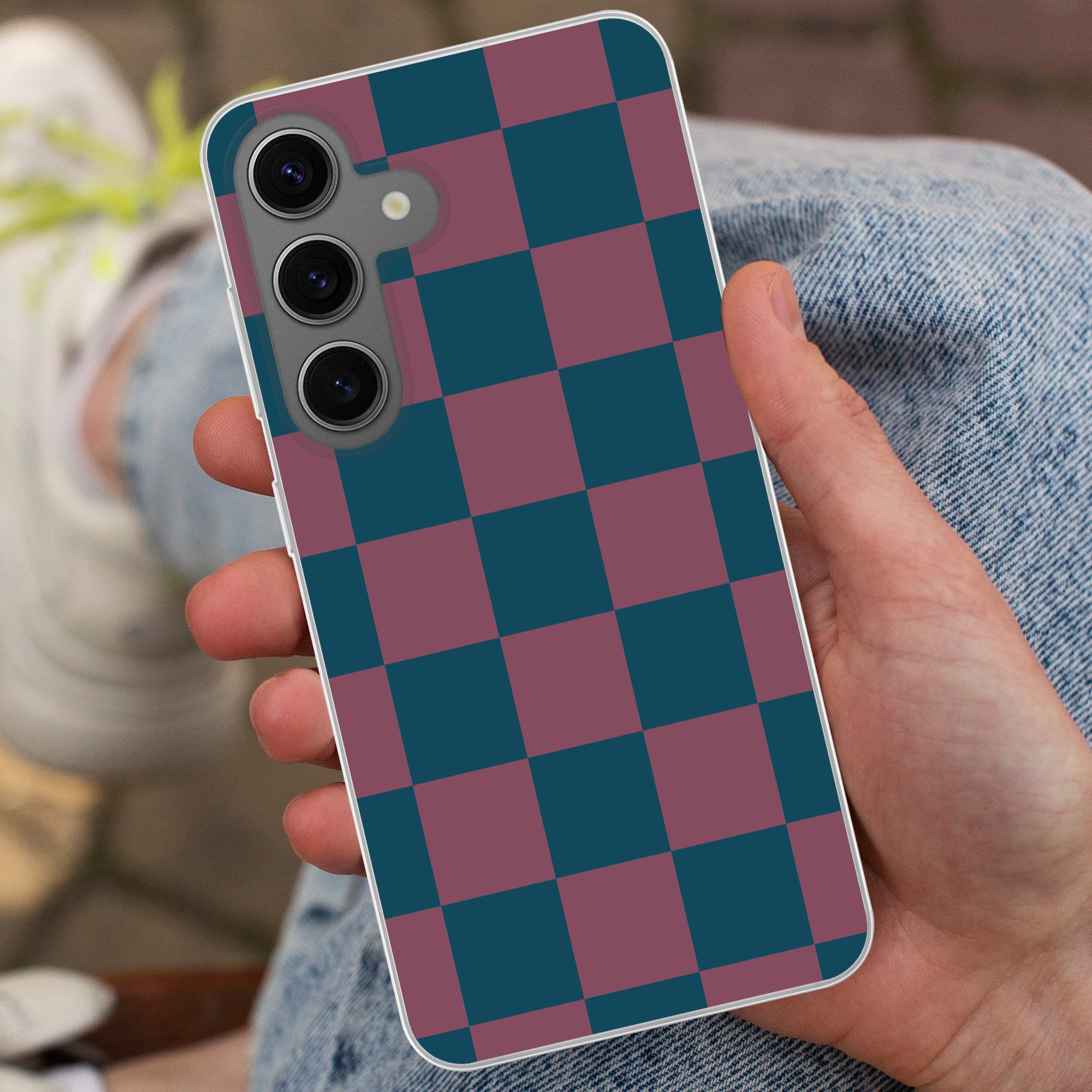 MuchoWow Handyhülle für Samsung Galaxy S24 Schachbrett Druck - Blau - Rot - Würfel, Phone Case, Silikon, Schutzhülle Dünn