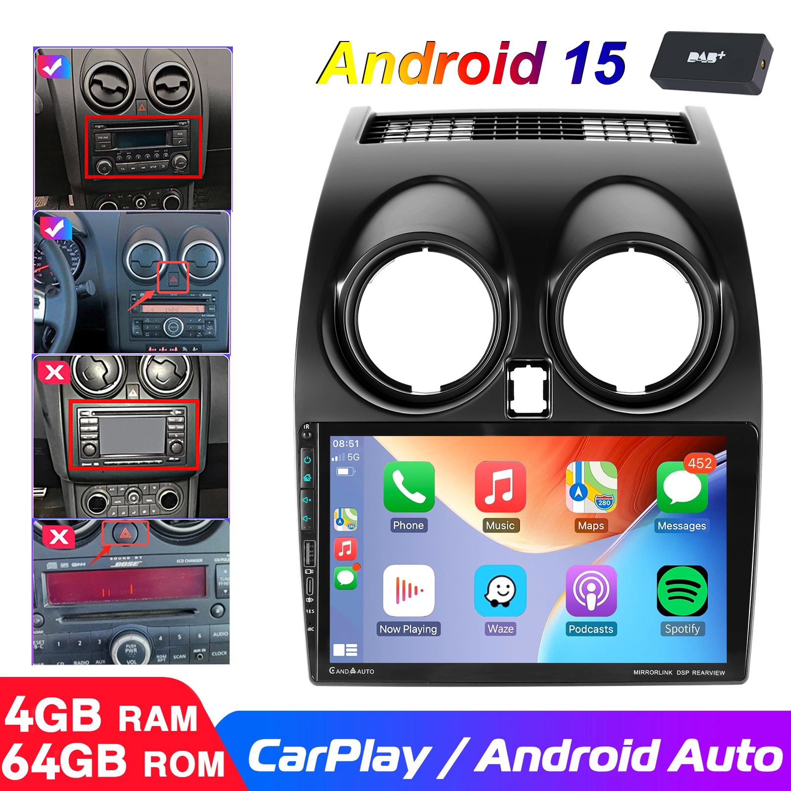 ESSGOO DAB+ Android15 Carplay GPS NAVI mit USB Für Nissan Qashqai J10 2007-15 Autoradio (RDS, 4+64GB(optional), DAB (optional), FM, DAB+ (optional), Carplay Android Auto Bluetooth EQ USB GPS Navi WIFI Touchscreen)