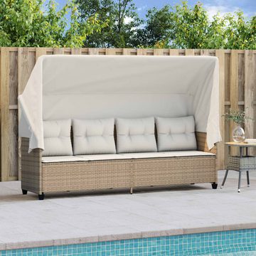 vidaXL Wellnessliege Sonnenliege mit Dach und Kissen Beige Polyrattan Sonnenbett