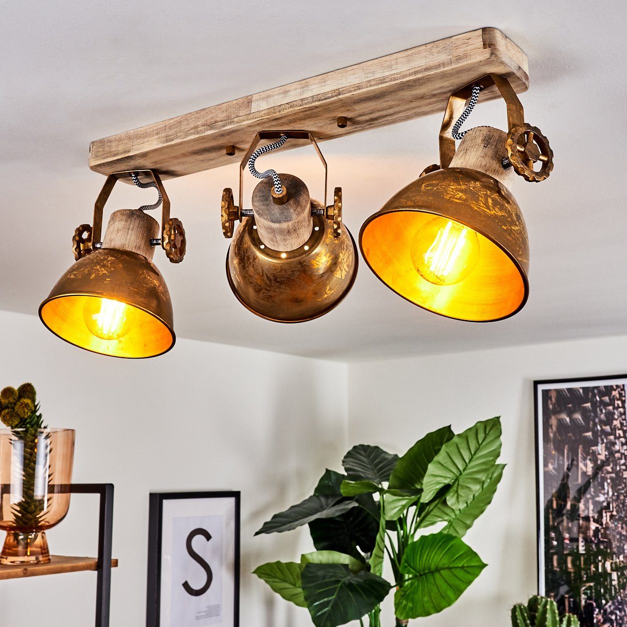 hofstein Deckenleuchte »Cotes« 3-flammige Zimmerlampe aus Holz und Metall in bronzefarben, ohne Leuchtmittel, Industrial/Vintage Look, 3xE27, die Leuchtenköpfe sind verstellbar