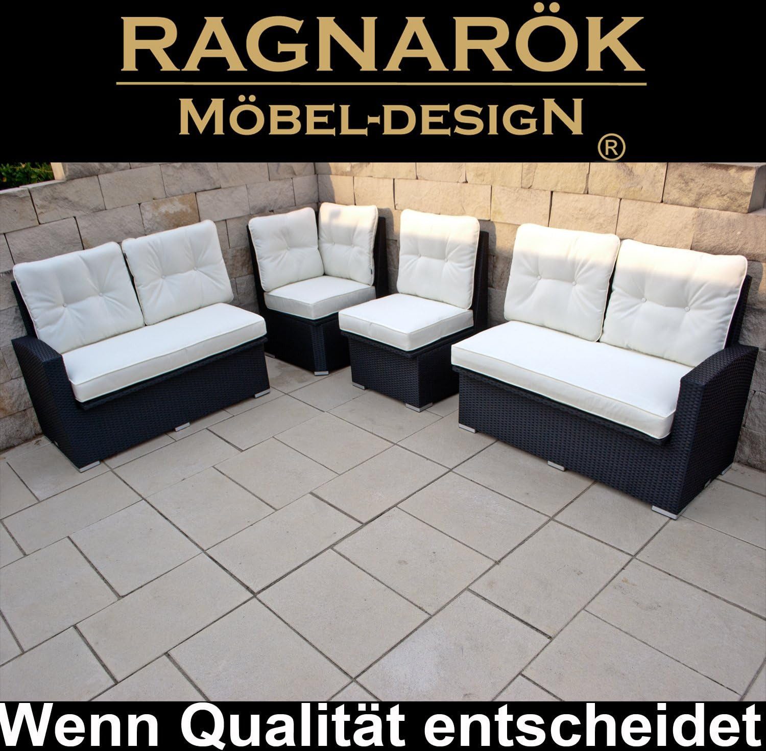 Ragnarök Möbel-Design Garten-Essgruppe Dining Lounge Wieland L, (Ecksofa + Tisch + Hocker, Polyrattan, inkl. aller Polster), Sitzpolster ca. 16 cm dick, 2 Härtegrade