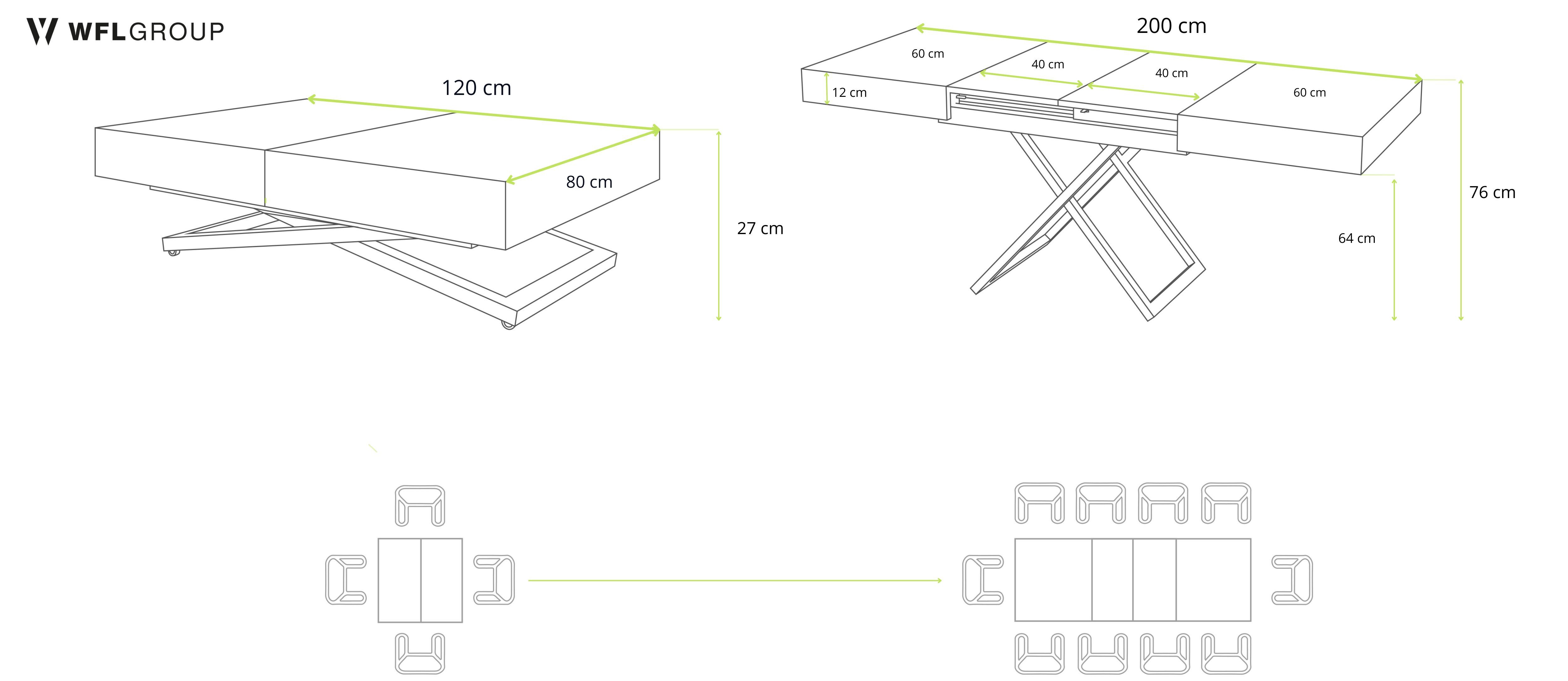WFL GROUP Couchtisch Cavetta X höhenverstellbar ausziehbar mit schwarzen Metallbeinen (erhältlich in einer Größe – 120x80x27-76 cm, ausziehbar auf 200 cm), industrial Tisch in Holzoptik für Küche, Esszimmer oder Wohnzimmer